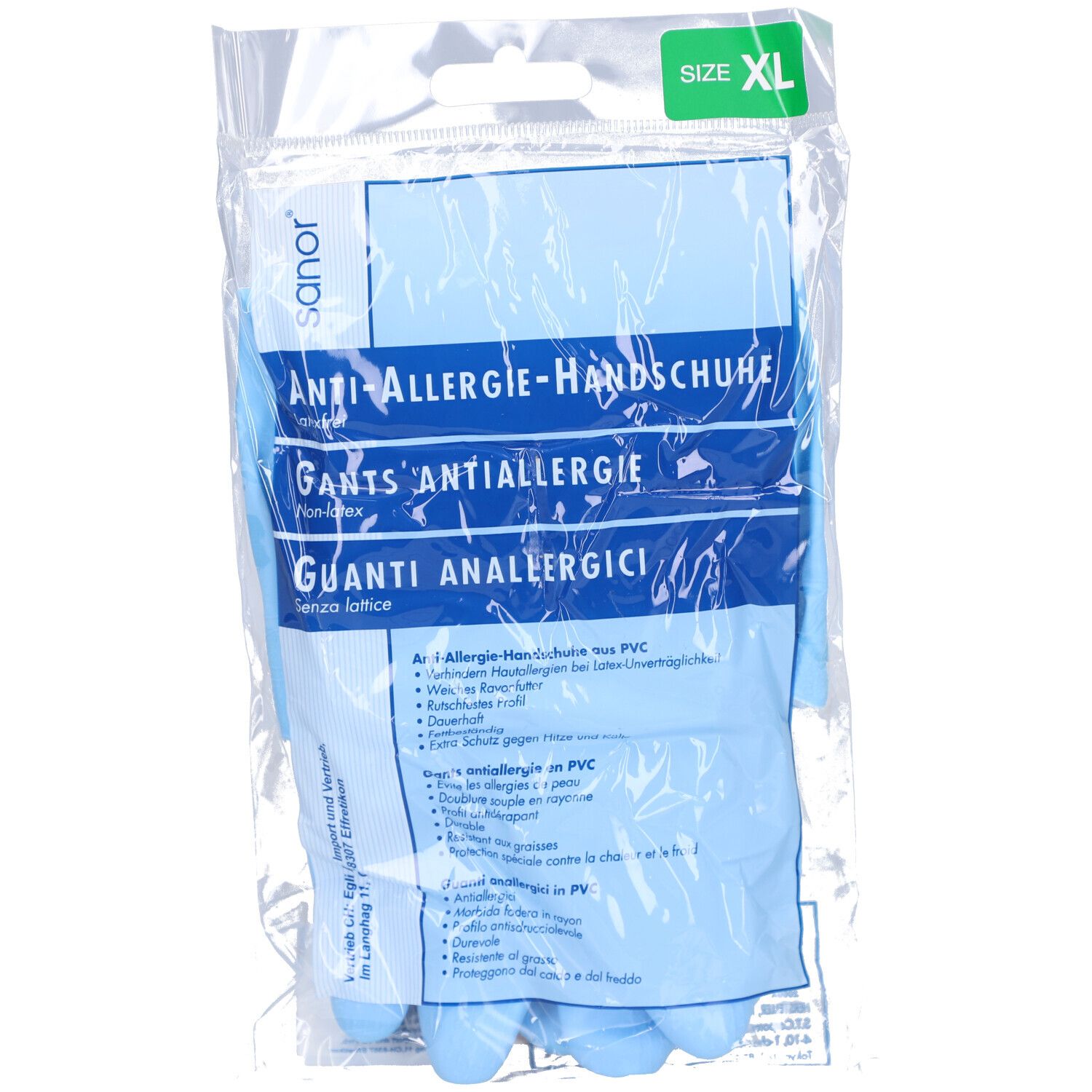Blaue Anti-Allergie-Handschuhe aus PVC, Größe XL, in transparenter Verpackung. Aufdruck mit Produktinformationen.