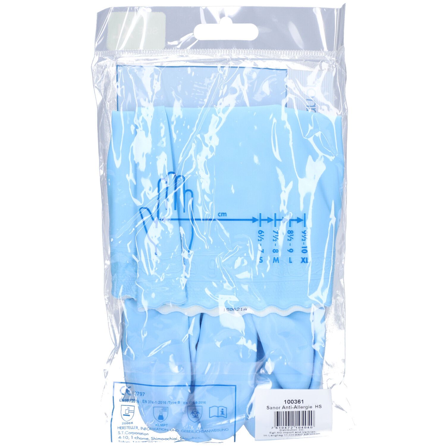 Rückseite der blauen Anti-Allergie-Handschuhe in XL-Größe. Handschuh-Umriss und Größenangaben auf der Verpackung.