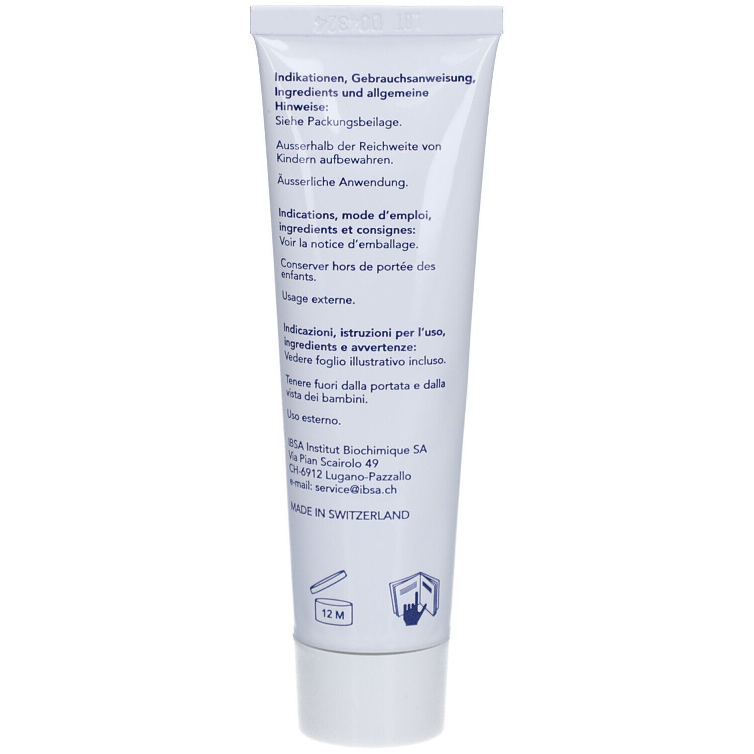 Dos du tube de gel Ialugen Calm. Texte en allemand, français et italien. Symbole 12M.