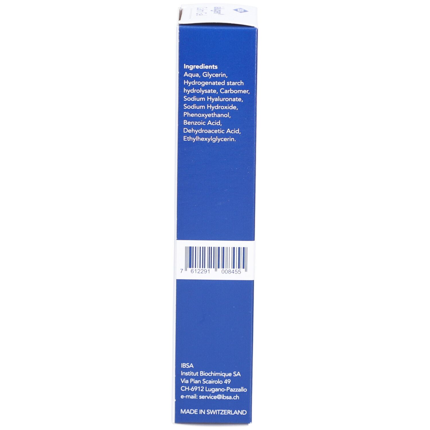 Côté de l'emballage Ialugen Calm Gel. Ingrédients, code-barres, adresse IBSA. Fabriqué en Suisse.
