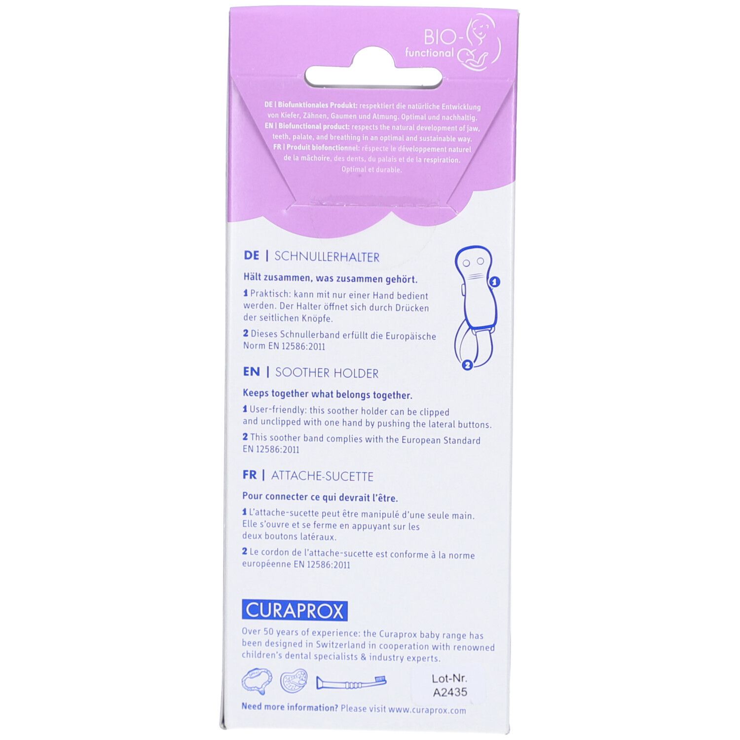 Verpackung eines Schnullerhalters mit mehrsprachigen Produktinformationen und dem Curaprox Logo.