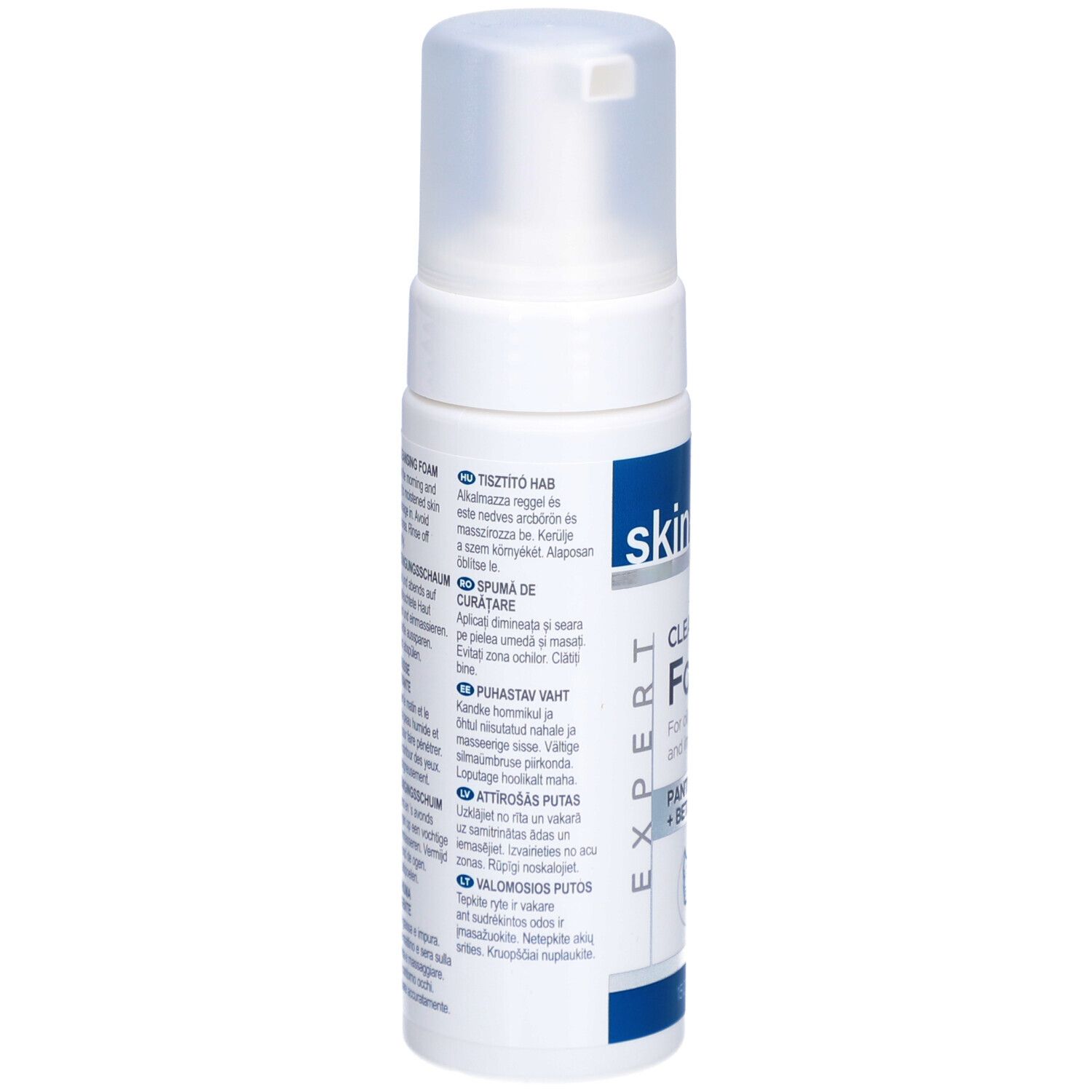 Rückseite des weißen Spenders mit „skineffect“ und „Cleansing Foam“. Text in mehreren Sprachen. Für ölige und unreine Haut.