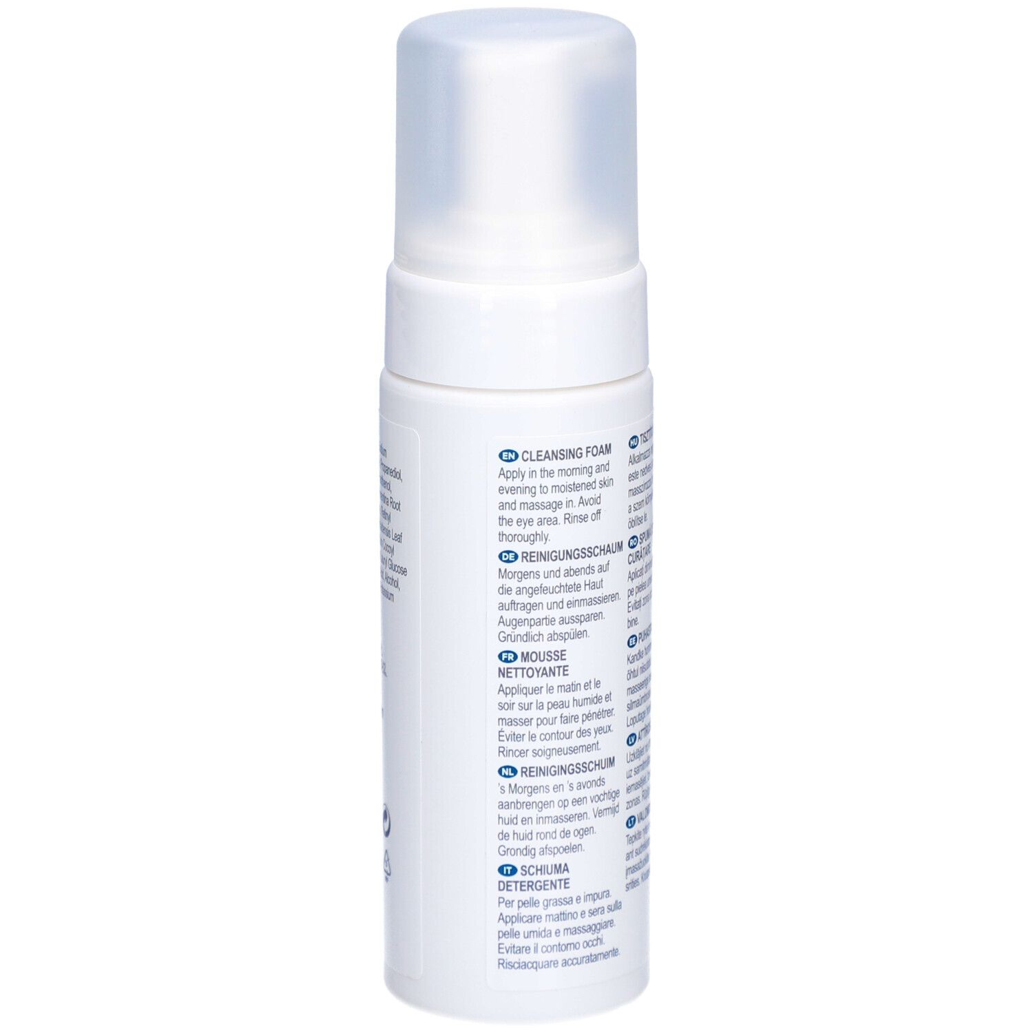 Rückseite des weißen Spenders mit „skineffect“ und „Cleansing Foam“. Text in mehreren Sprachen. Für ölige und unreine Haut.