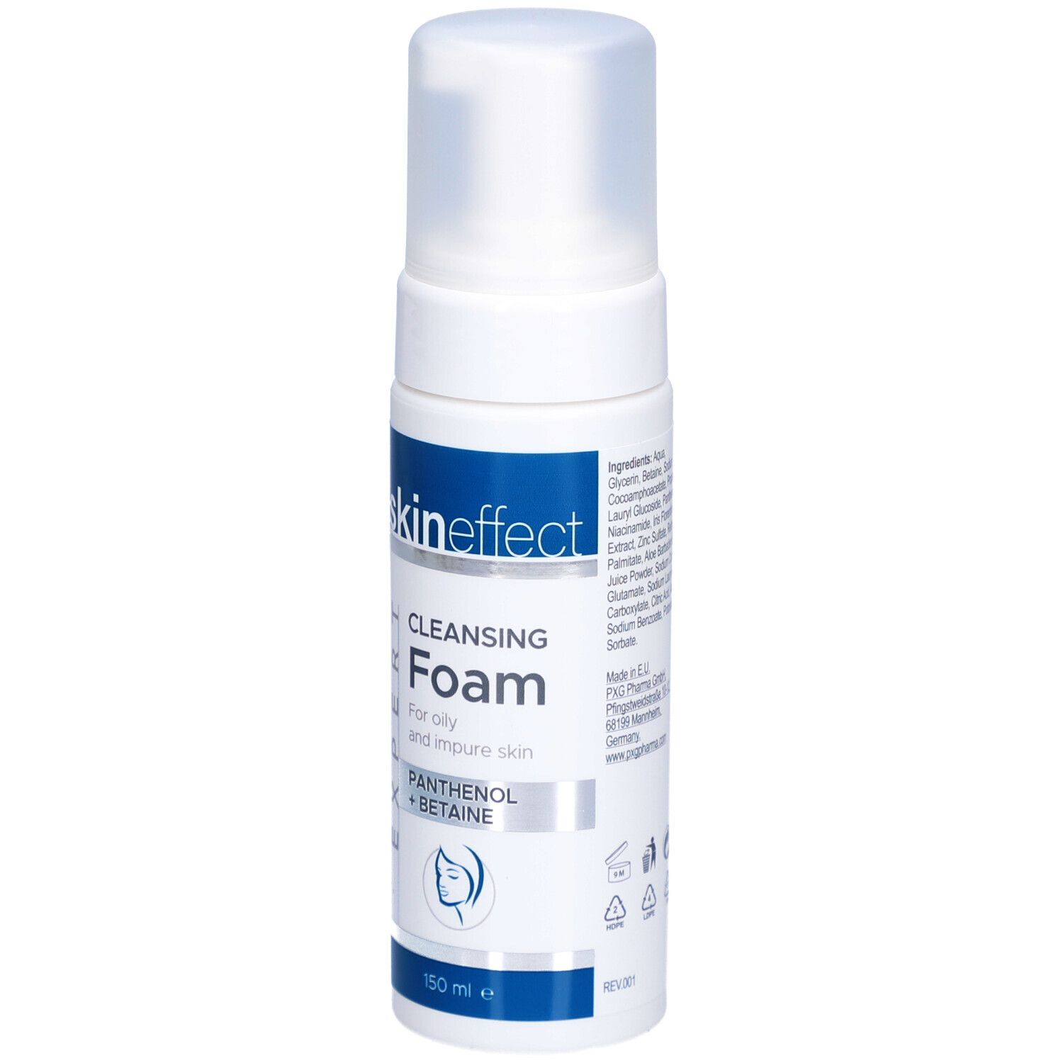 Weißer Spender mit „skineffect“ und „Cleansing Foam“. Für ölige und unreine Haut. Mit Panthenol + Betaine. 150 ml.