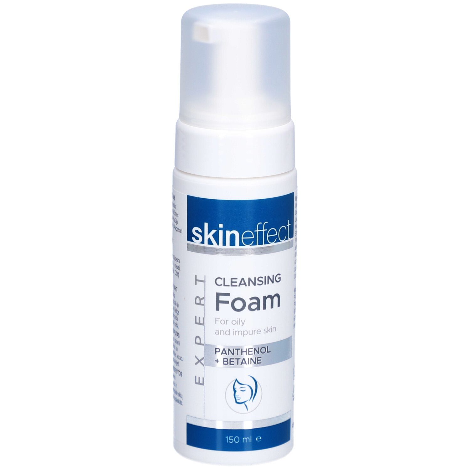 Weißer Spender mit „skineffect“ und „Cleansing Foam“. Für ölige und unreine Haut. Mit Panthenol + Betaine. 150 ml.