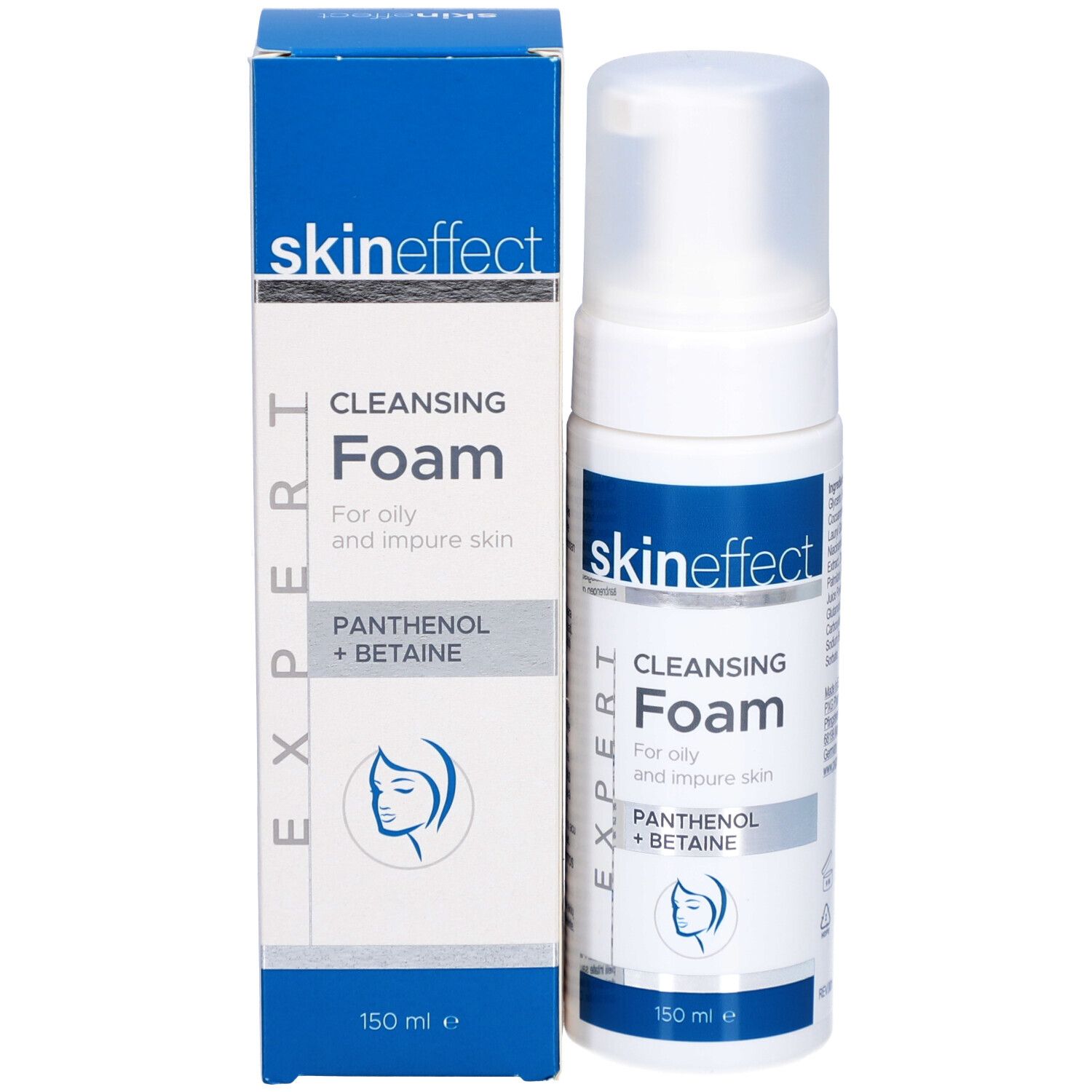 Produkt und Verpackung. Weißer Spender mit „skineffect“ und „Cleansing Foam“. Für ölige und unreine Haut. 150 ml. Blaue Verpackung.