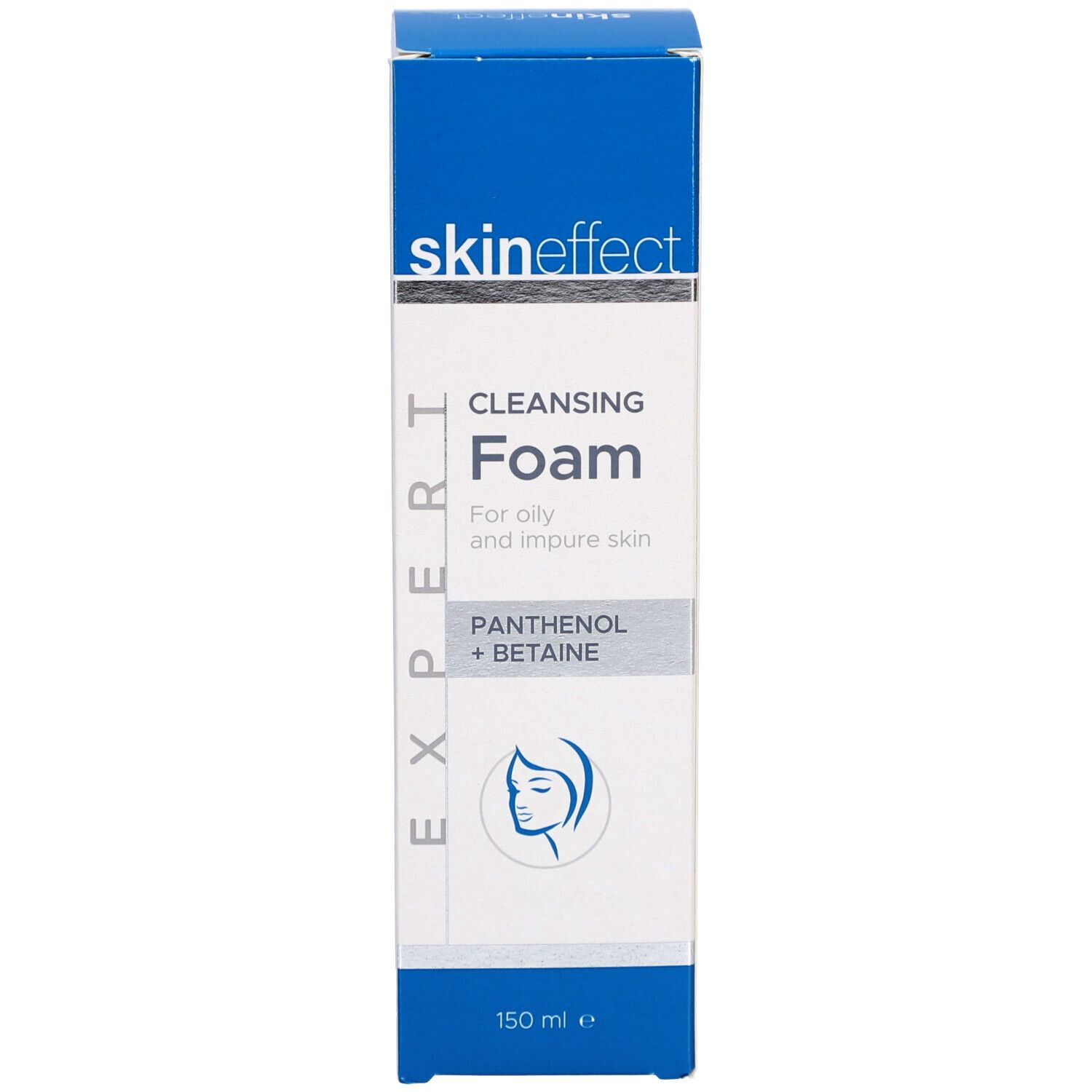 Blaue Verpackung mit „skineffect“ und „Cleansing Foam“. Für ölige und unreine Haut. Mit Panthenol + Betaine. 150 ml.