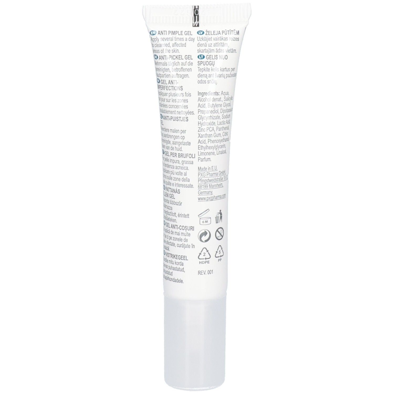 Rückseite der SKINEFFECT Anti Pickel Gel Tube mit Inhaltsstoffen und Anwendungshinweisen.