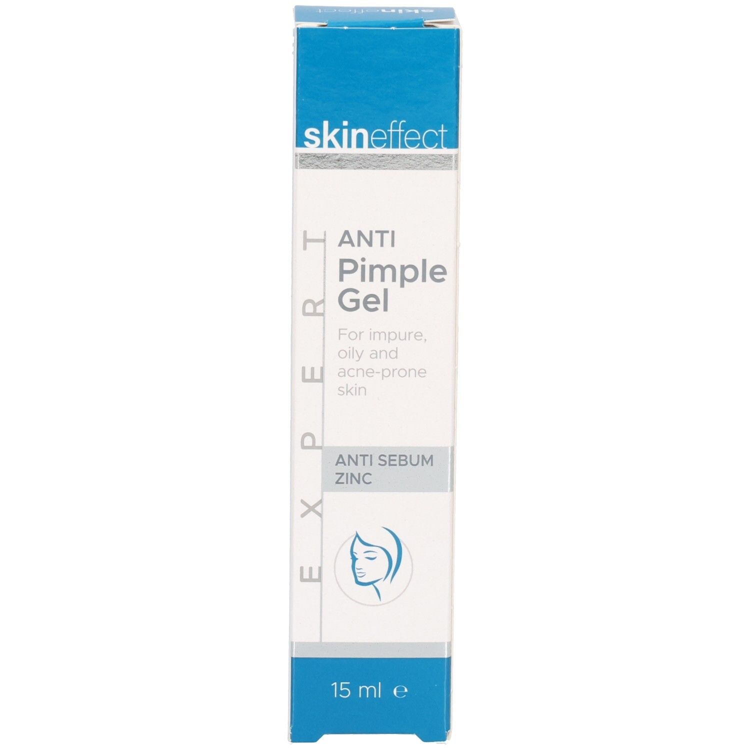 Seitenansicht der SKINEFFECT Anti Pickel Gel Faltschachtel mit Produktinformationen.