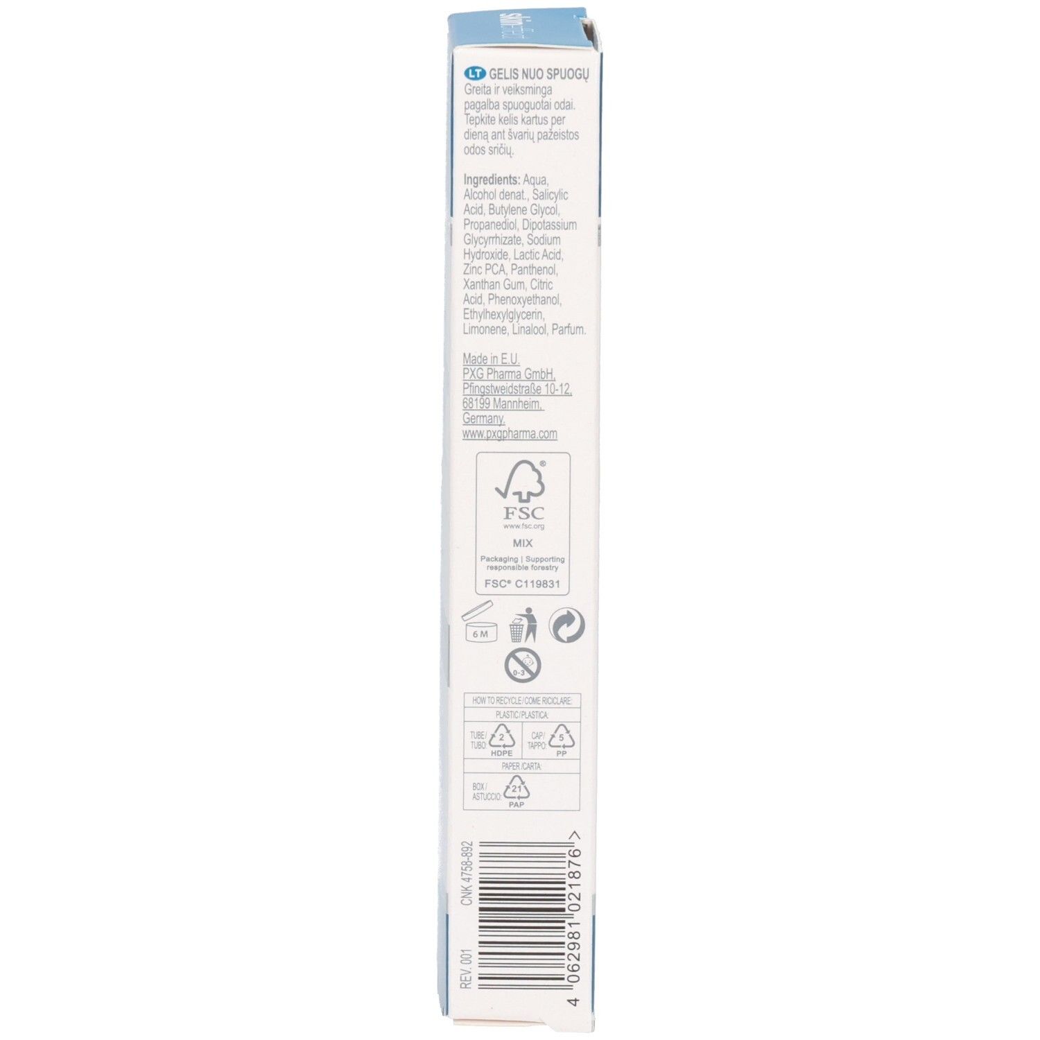 Seitenansicht der SKINEFFECT Anti Pickel Gel Faltschachtel mit FSC-Logo und Produktinformationen.