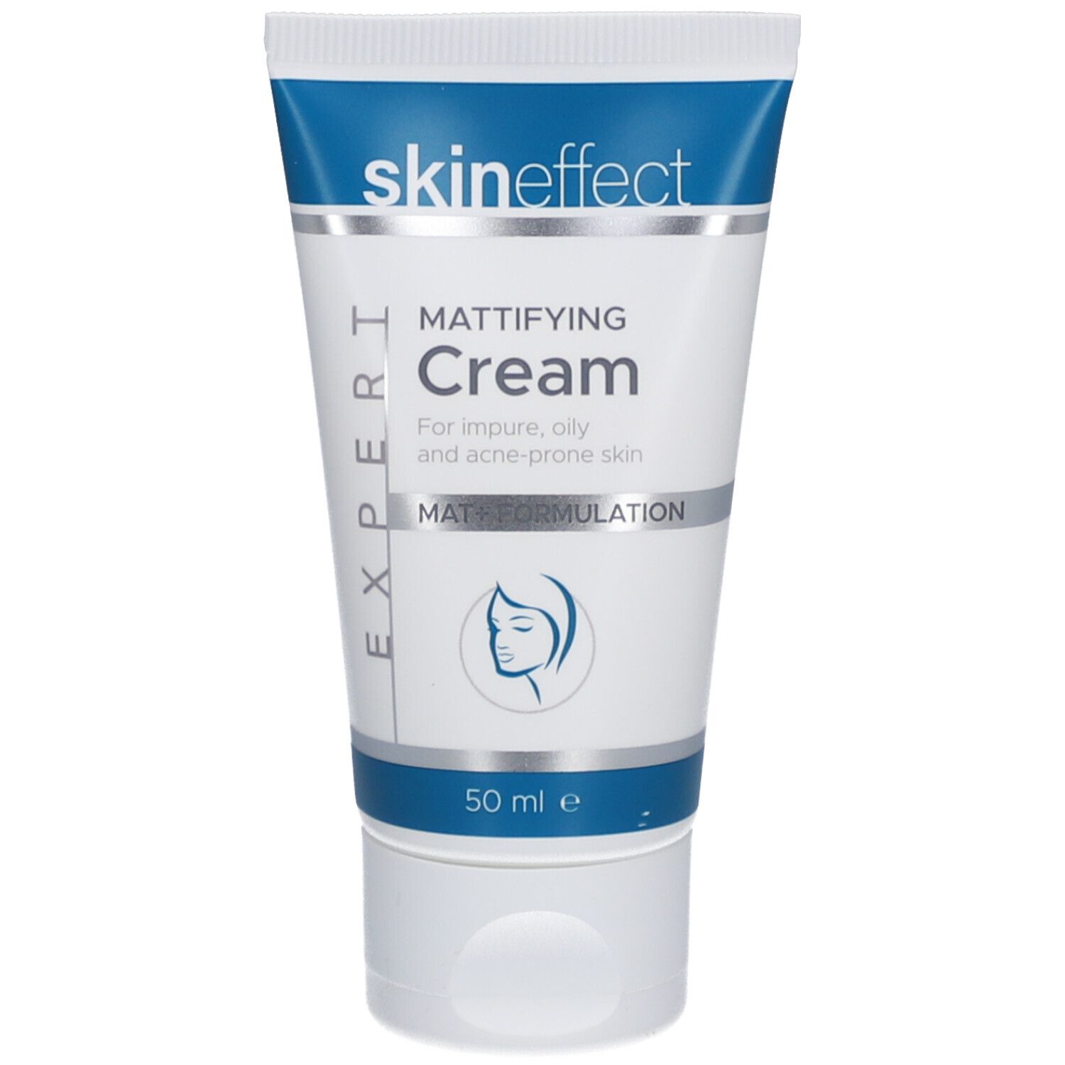 Tube mit "skineffect" und "Mattifying Cream". Weiße Tube mit blauem Deckel und Schriftzug. 50 ml.