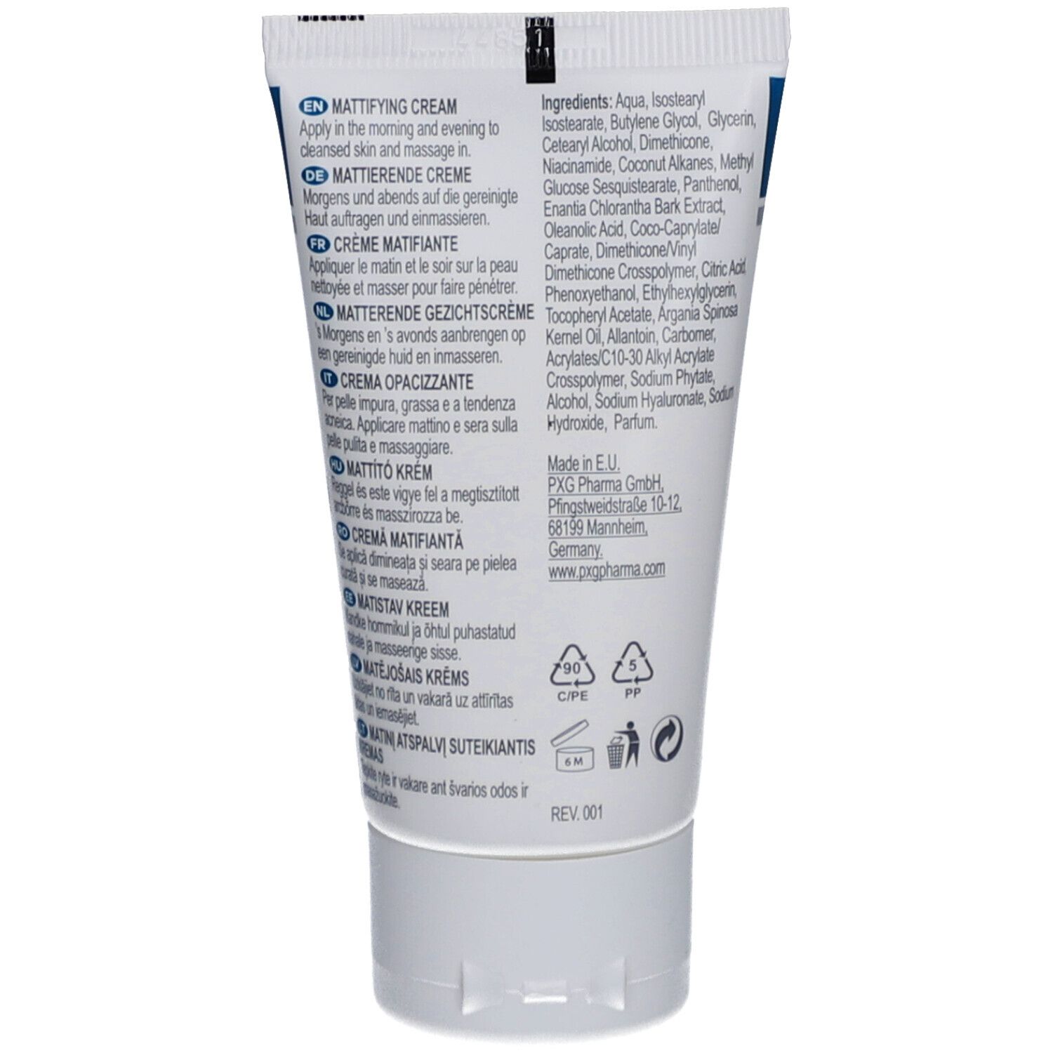 Rückseite der Tube "Mattifying Cream". Enthält Inhaltsstoffe, Herstellerinformationen und Recycling-Symbole.
