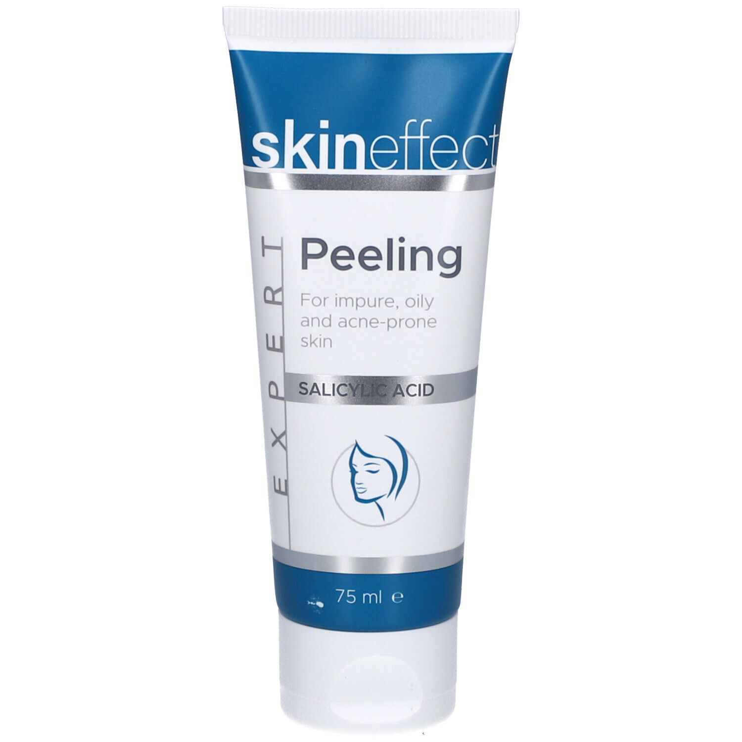 Tube mit Skineffect Peeling. Weiß, blau. Aufschrift: Peeling, Salicylsäure. 75 ml.