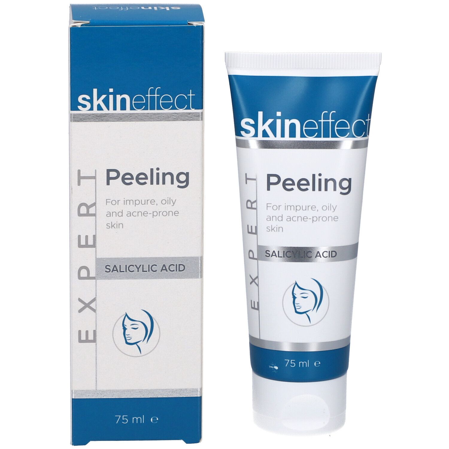 Skineffect Peeling Tube und Verpackung. Weiß, blau. Aufschrift: Peeling, Salicylsäure. 75 ml.