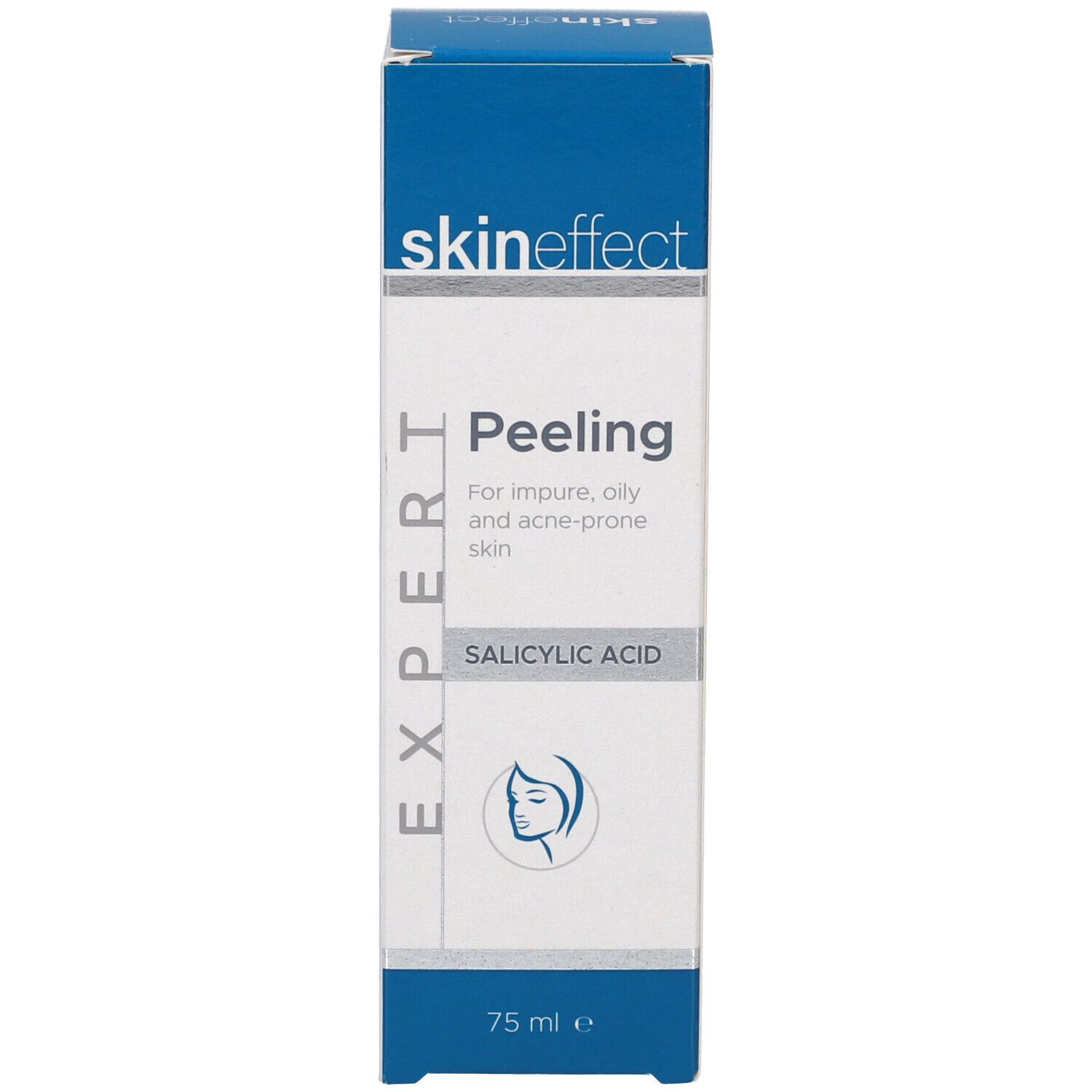 Verpackung von Skineffect Peeling. Weiß, blau. Aufschrift: Peeling, Salicylsäure. 75 ml.