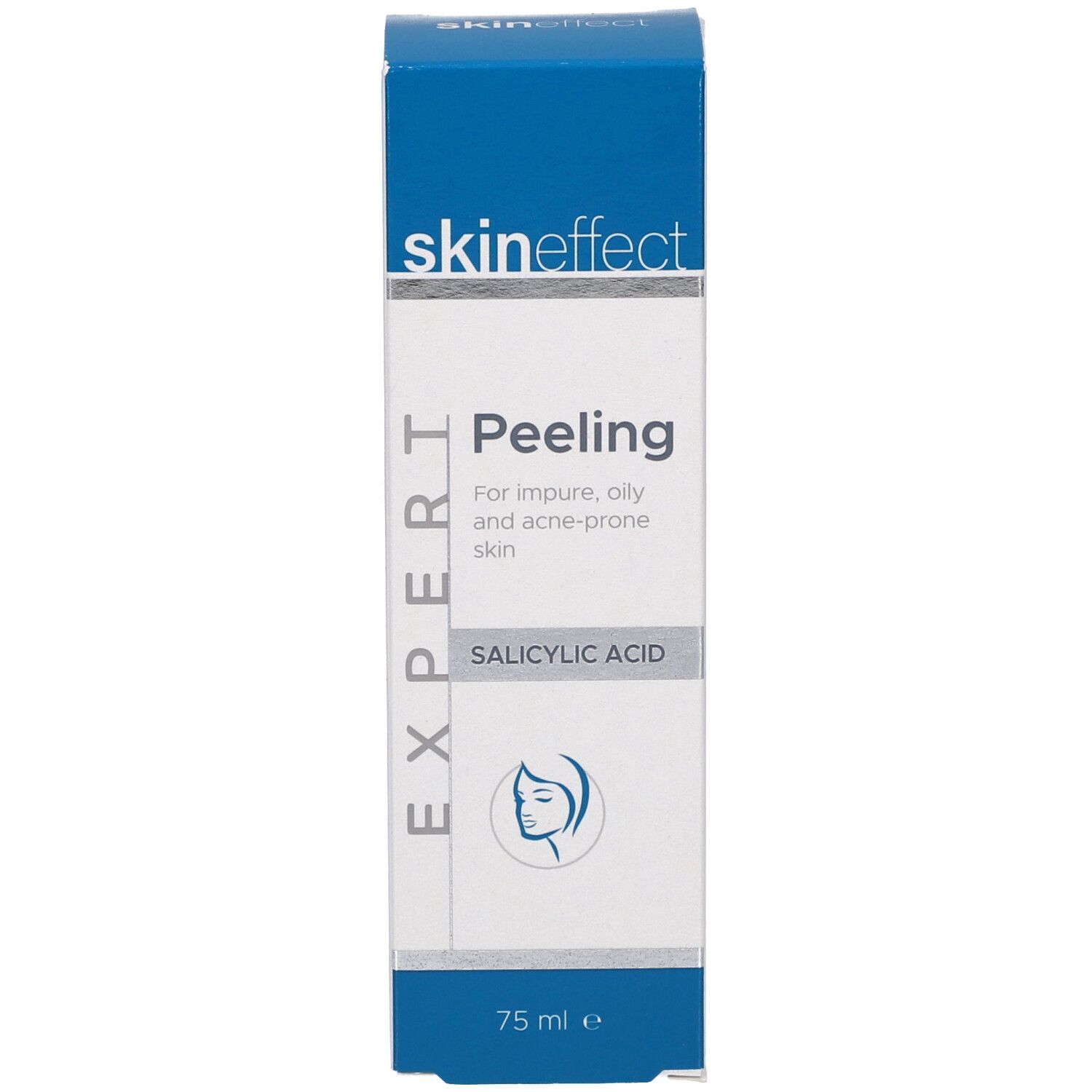 Verpackung von Skineffect Peeling. Weiß, blau. Aufschrift: Peeling, Salicylsäure. 75 ml.
