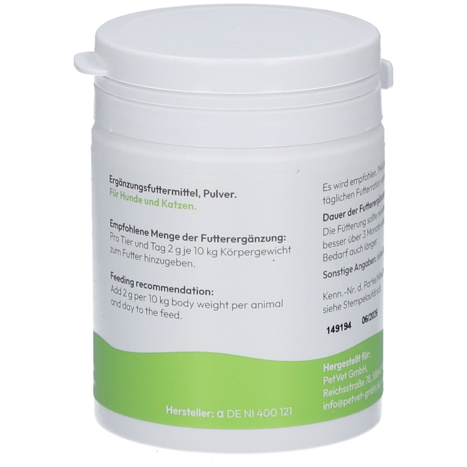 Poudre d'aliment complémentaire pour chiens et chats dans un récipient blanc avec des accents verts.