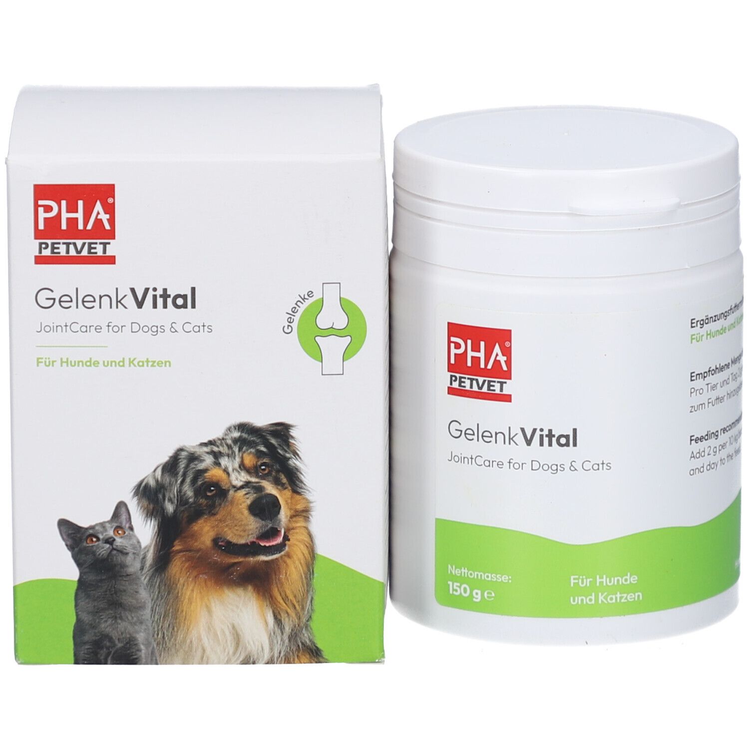 Boîte et emballage carton PHA Petvet GelenkVital avec chien et chat.