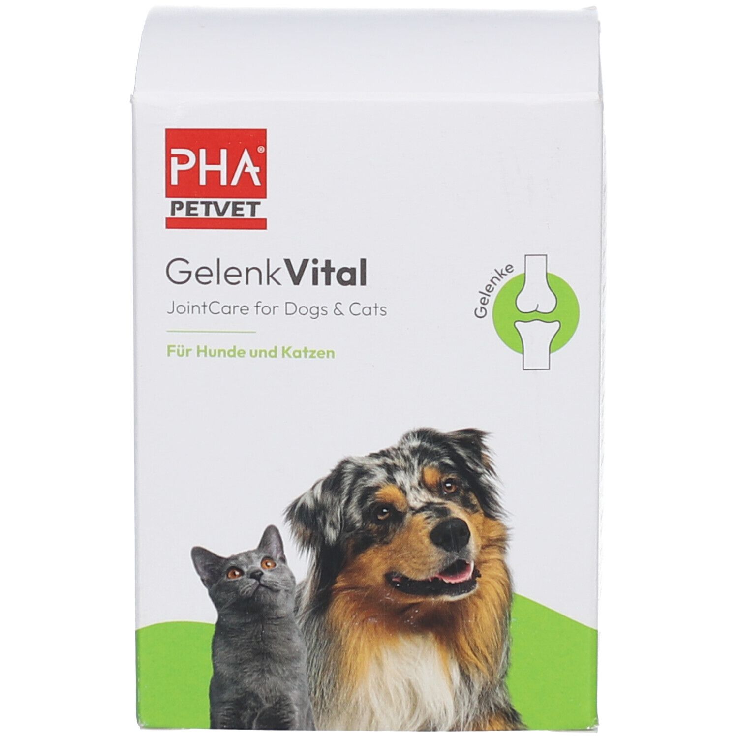 Emballage carton PHA Petvet GelenkVital avec chien et chat.
