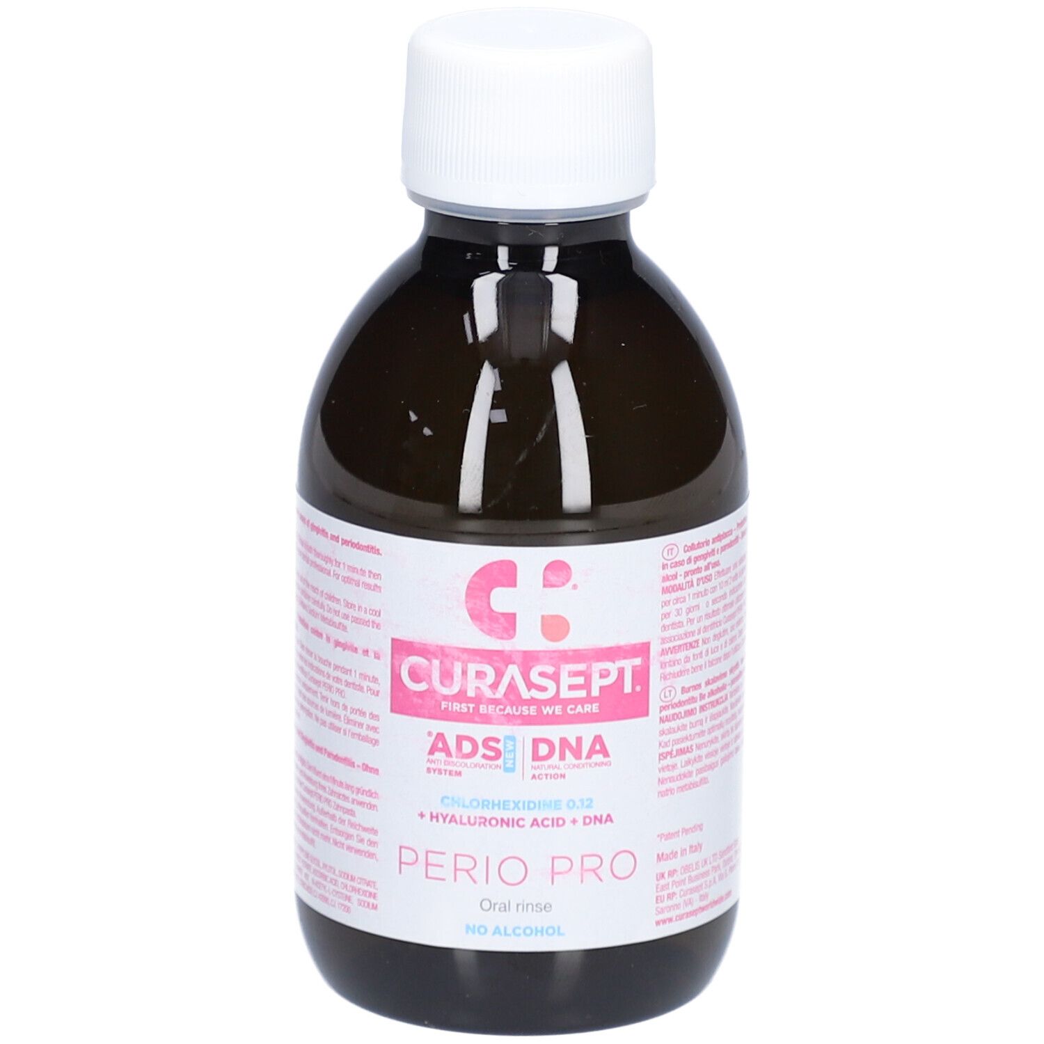 Braune Flasche mit weißem Deckel. Etikett mit rosa Akzenten und Text: CURASEPT, ADS DNA, PERIO PRO, Chlorhexidin 0,12, Hyaluronsäure + DNA, alkoholfrei.
