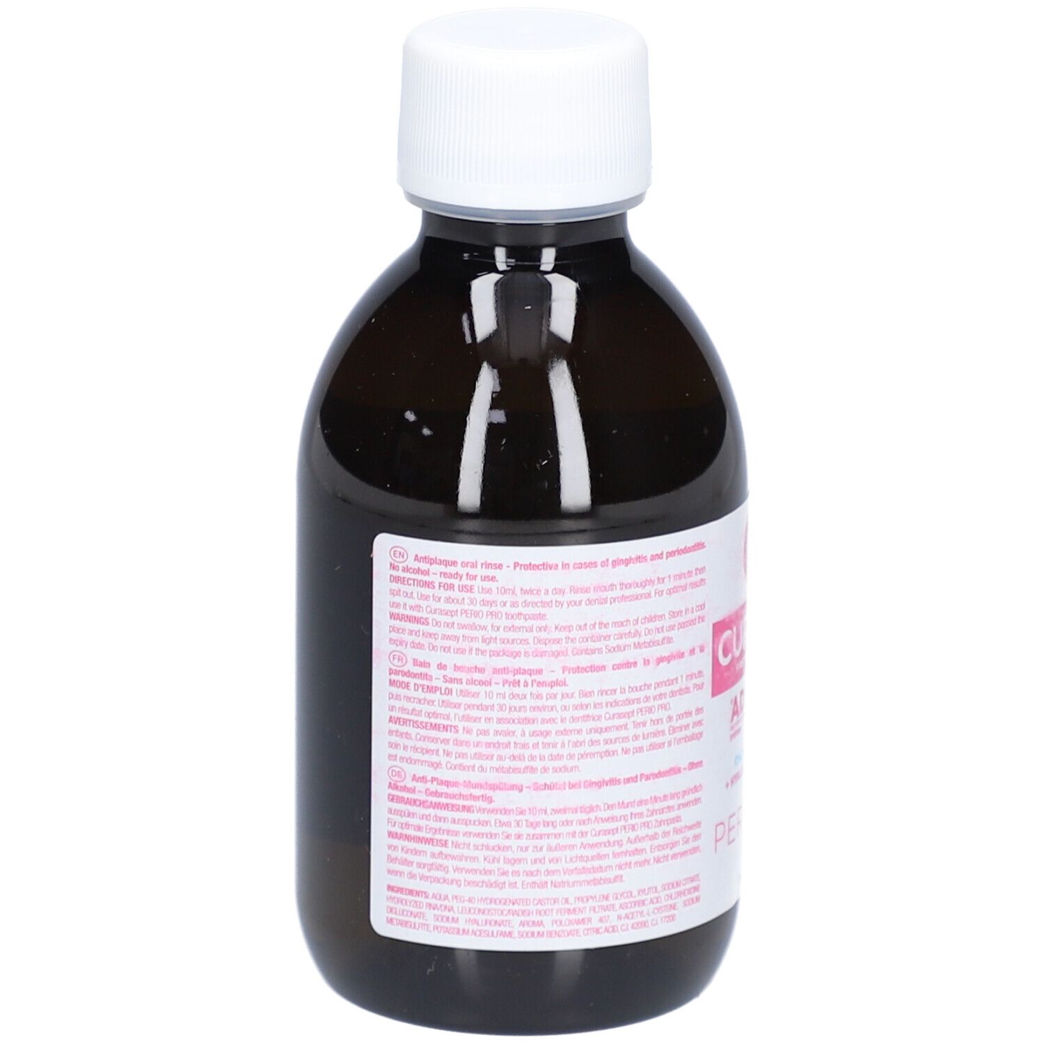 Rückseite einer braunen Flasche mit weißem Deckel. Etikett mit Text und rosa Akzenten. Enthält Informationen in verschiedenen Sprachen.