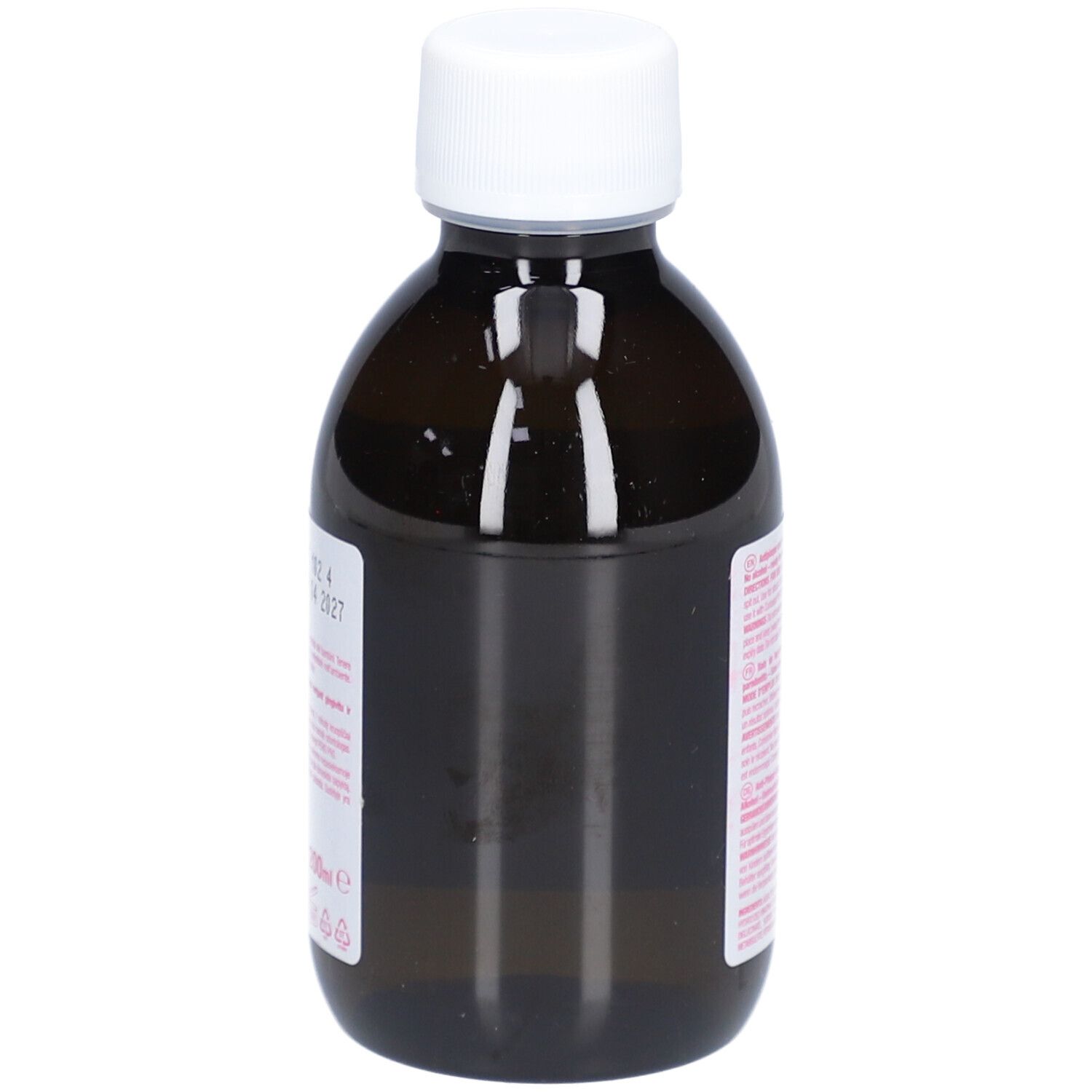 Rückseite einer braunen Flasche mit weißem Deckel. Etikett mit Text in verschiedenen Sprachen. Keine weiteren Details.