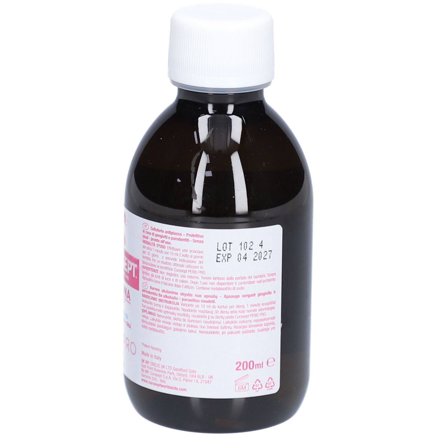 Rückseite einer braunen Flasche mit weißem Deckel. Etikett mit Text, Los- und Verfallsdatum. 200ml.