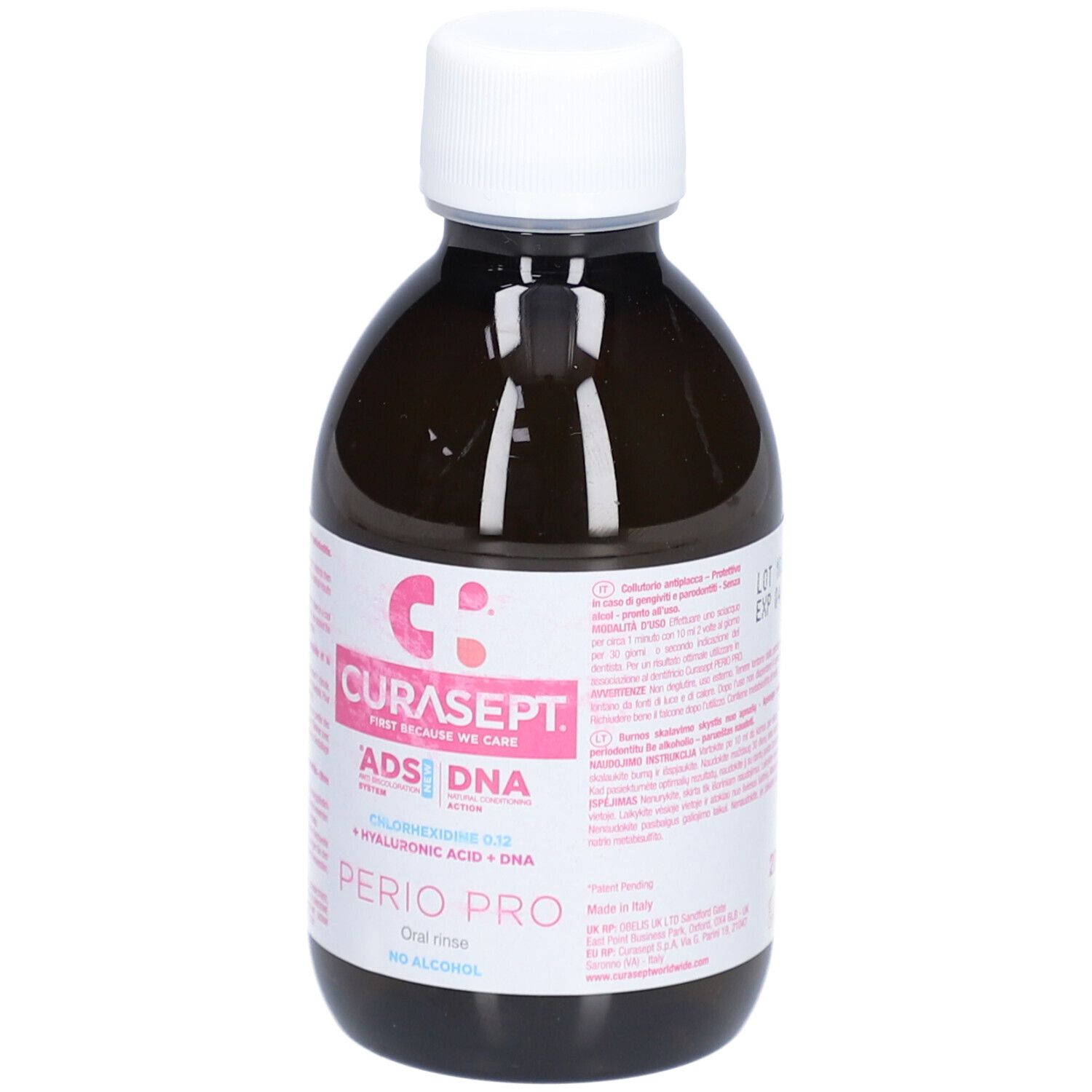 Braune Flasche mit weißem Deckel. Etikett mit rosa Akzenten und Text: CURASEPT, ADS DNA, PERIO PRO, Chlorhexidin 0,12, Hyaluronsäure + DNA, alkoholfrei.