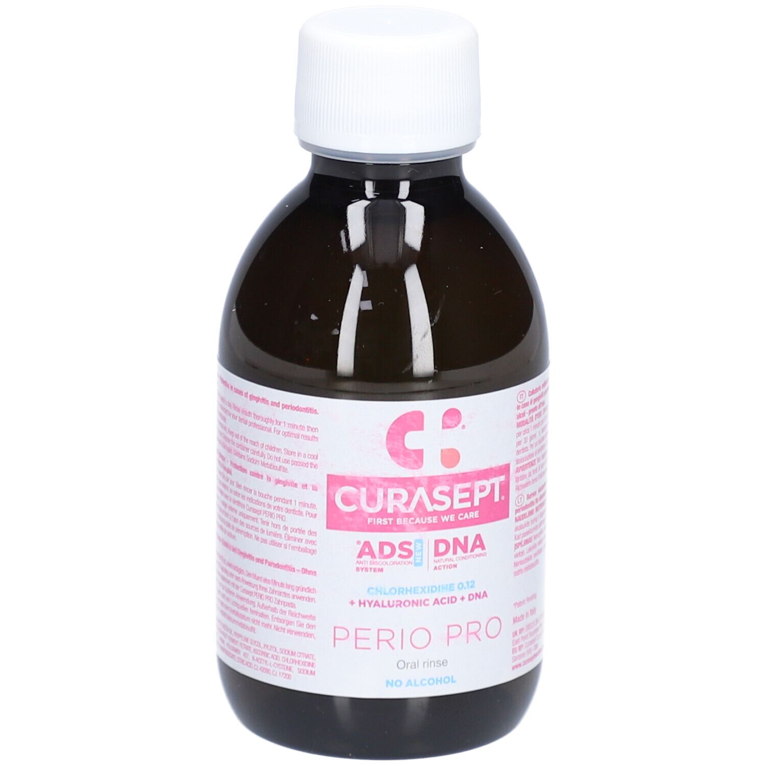Braune Flasche mit weißem Deckel. Etikett mit rosa Akzenten und Text: CURASEPT, ADS DNA, PERIO PRO, Chlorhexidin 0,12, Hyaluronsäure + DNA, alkoholfrei.