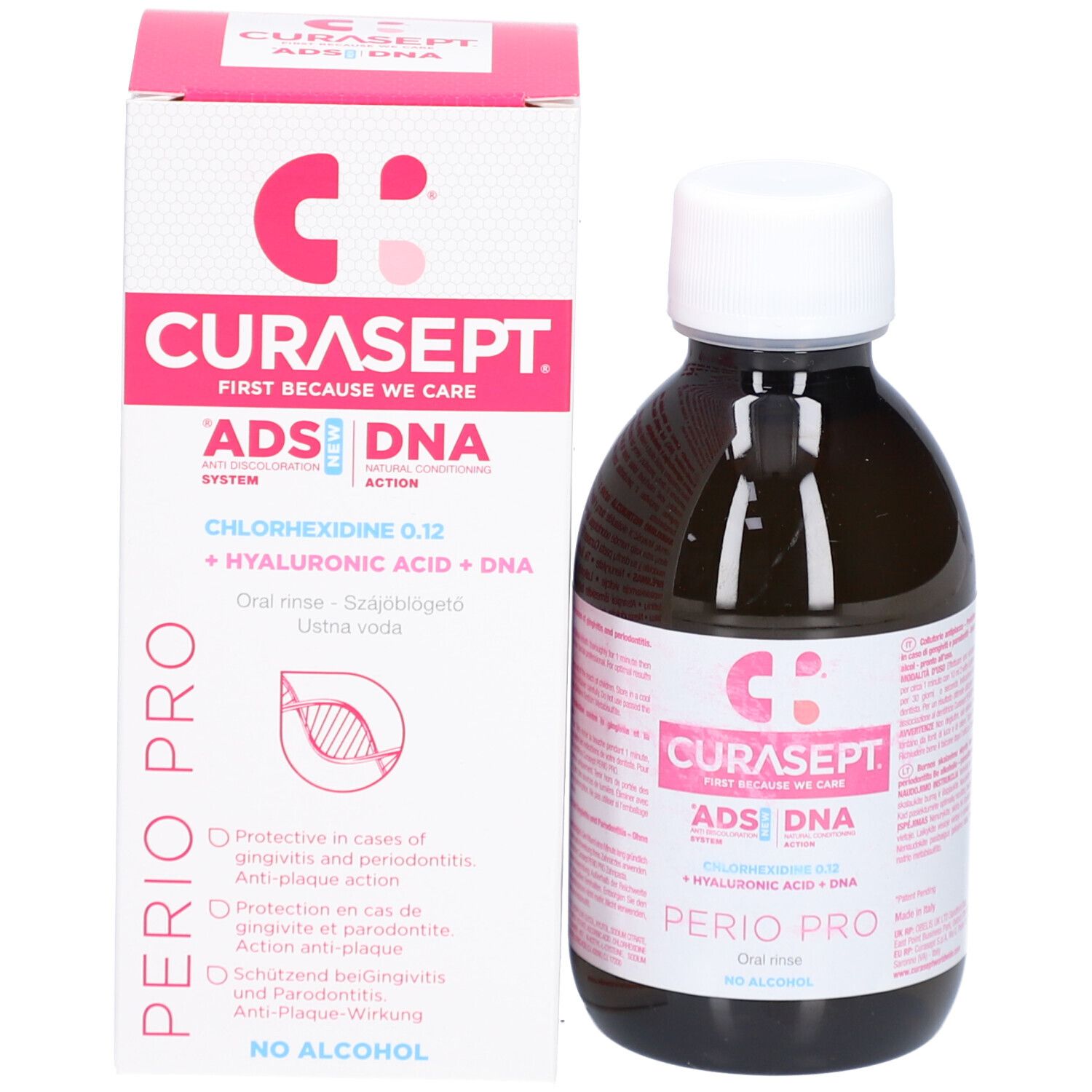 Flasche und Schachtel. Flasche: braun, weißer Deckel, rosa Etikett. Schachtel: weiß, rosa Akzente, Text: CURASEPT, PERIO PRO.
