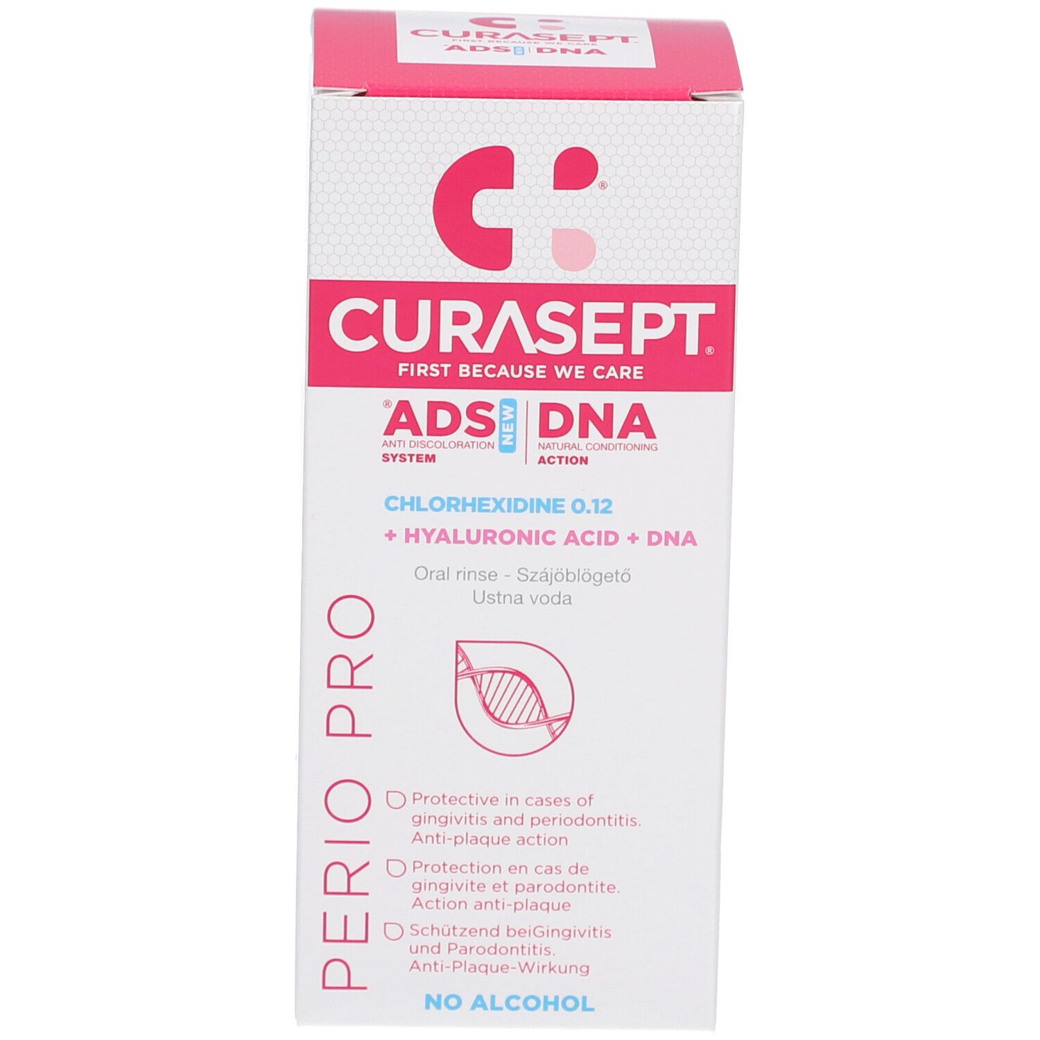 Weiße Schachtel mit rosa Akzenten. Text: CURASEPT, ADS DNA, PERIO PRO, Chlorhexidin 0,12, Hyaluronsäure + DNA. Abbildung eines Zahns.