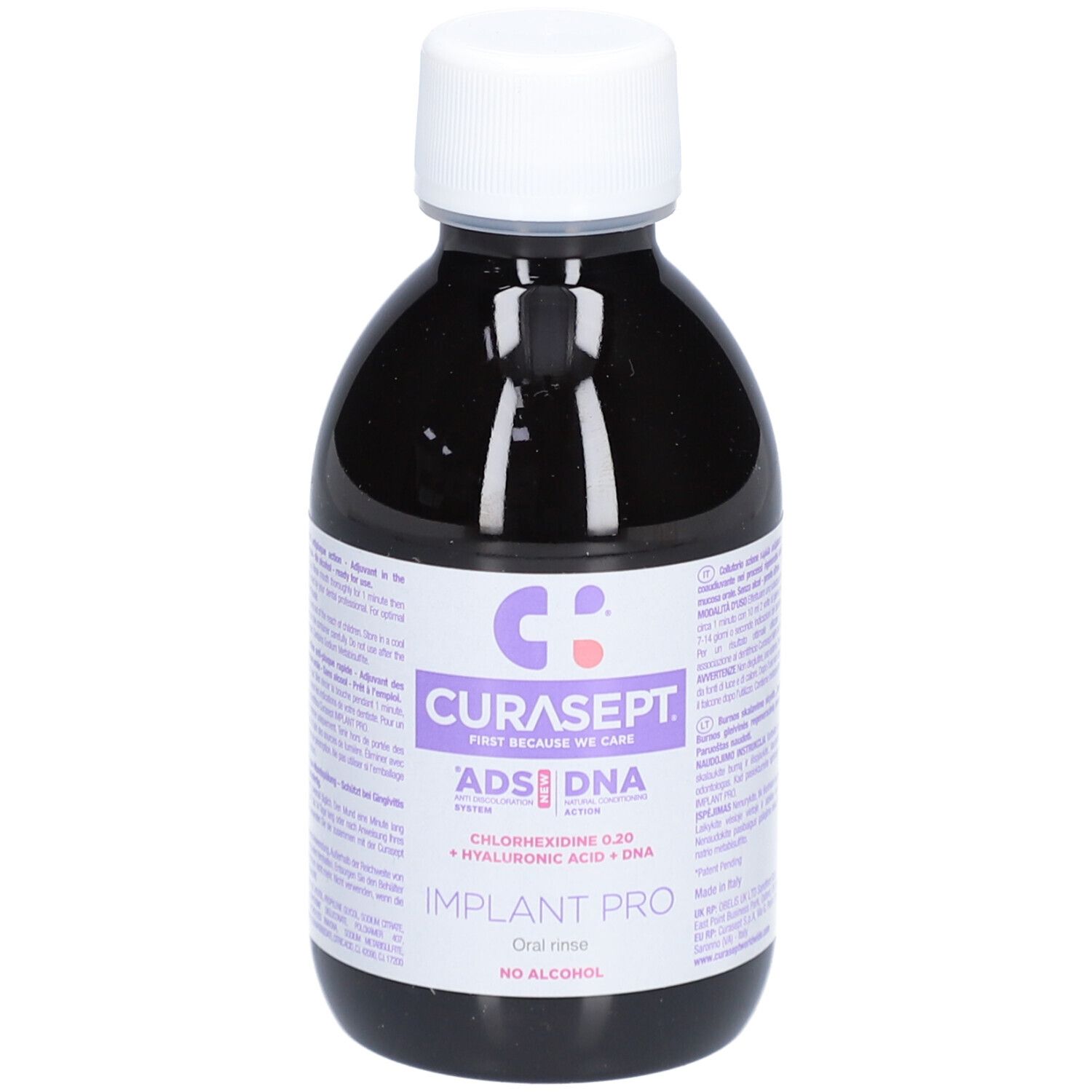 Dunkle Flasche mit weißem Deckel. Aufschrift: CURASEPT ADS DNA, Implant Pro. Mundspülung, alkoholfrei.
