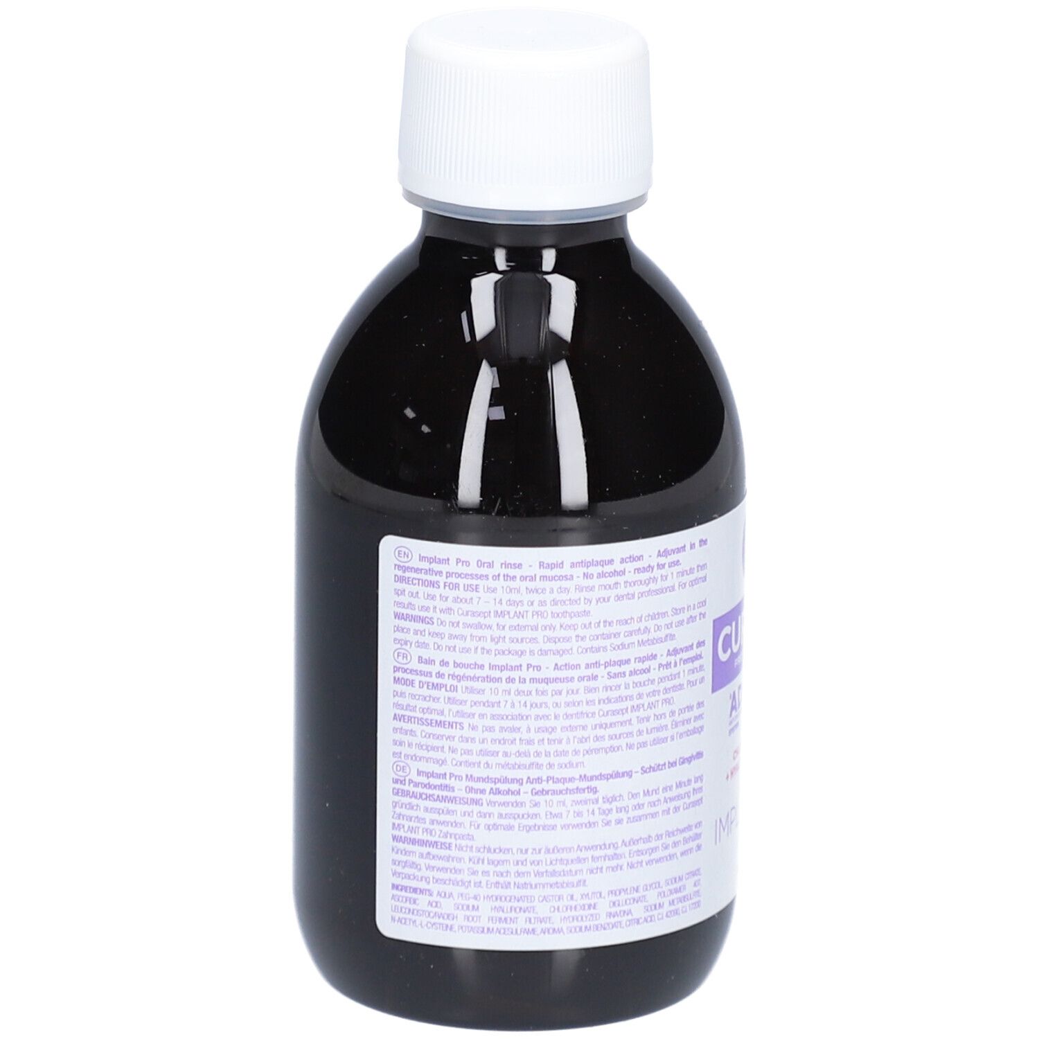 Rückansicht der dunklen Flasche mit weißem Deckel. Text auf dem Etikett.
