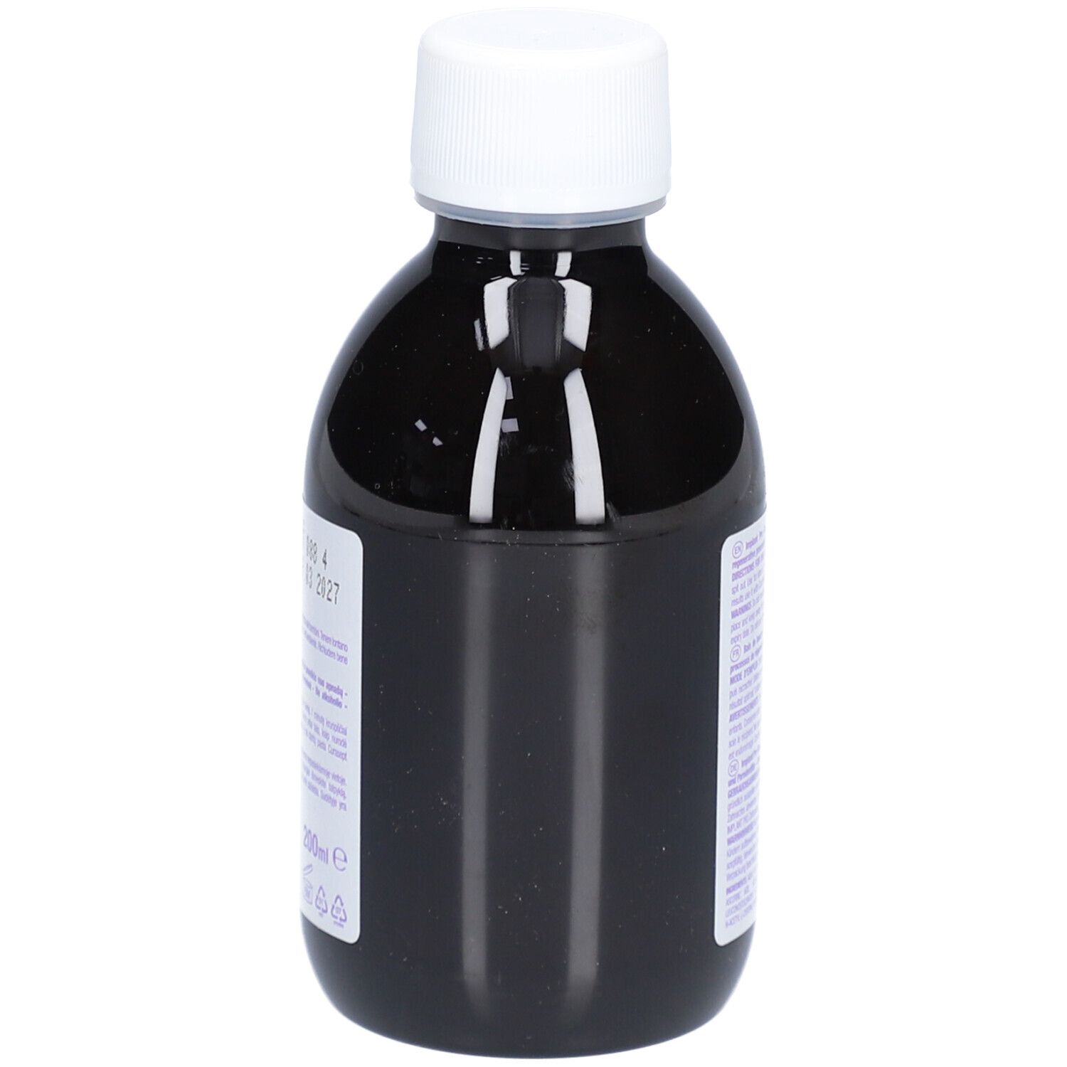 Rückansicht der dunklen Flasche mit weißem Deckel. Text auf dem Etikett.