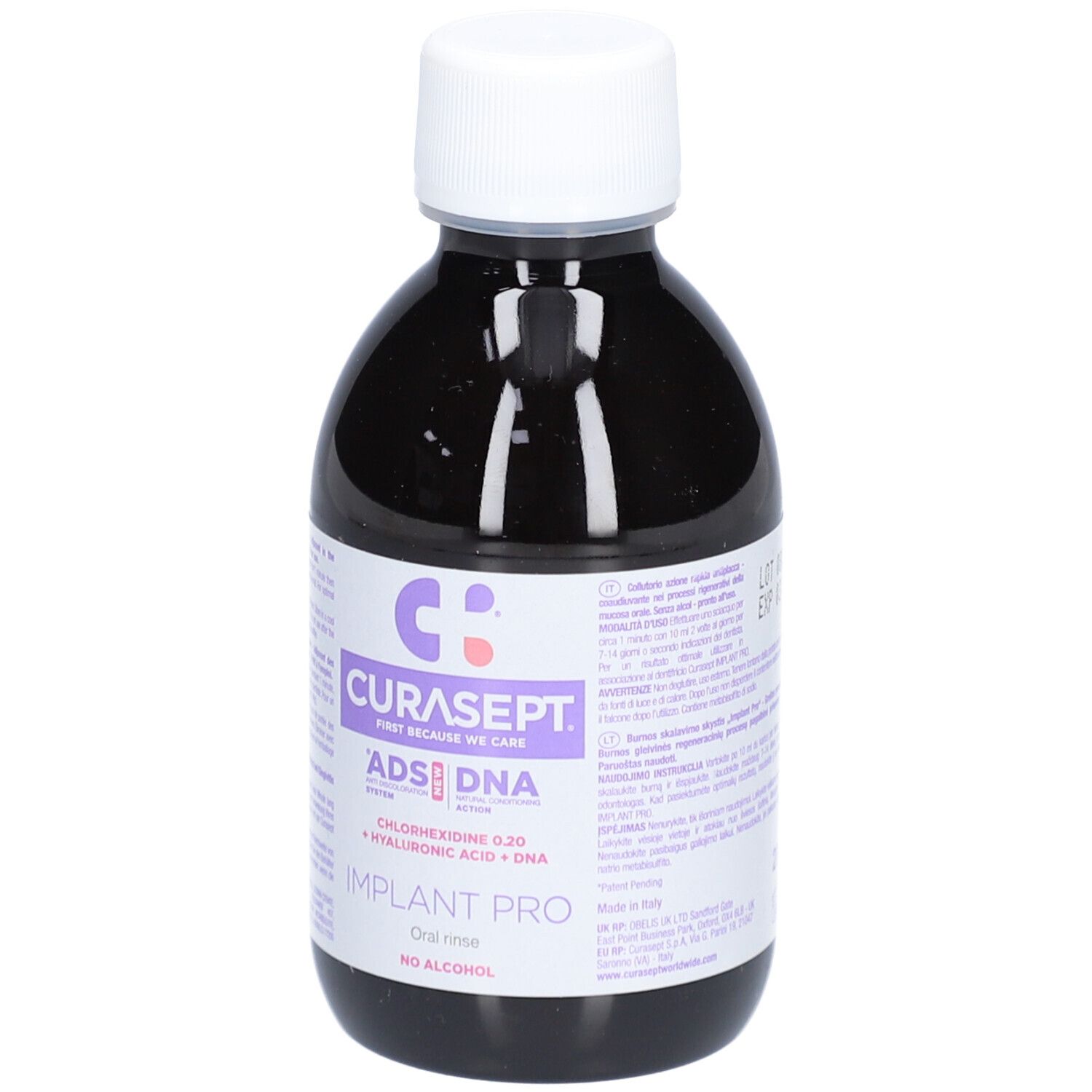 Dunkle Flasche mit weißem Deckel. Aufschrift: CURASEPT ADS DNA, Implant Pro. Mundspülung, alkoholfrei.