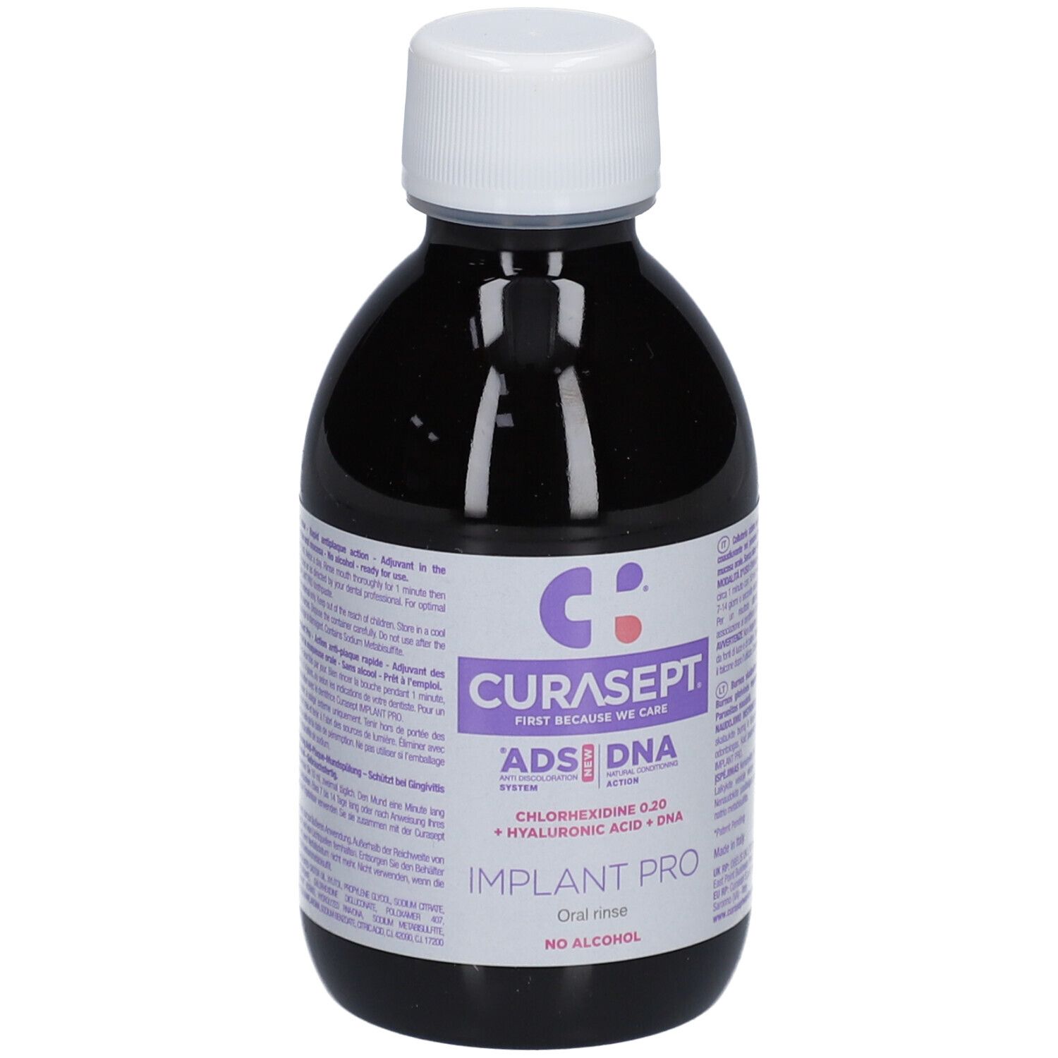 Dunkle Flasche mit weißem Deckel. Aufschrift: CURASEPT ADS DNA, Implant Pro. Mundspülung, alkoholfrei.