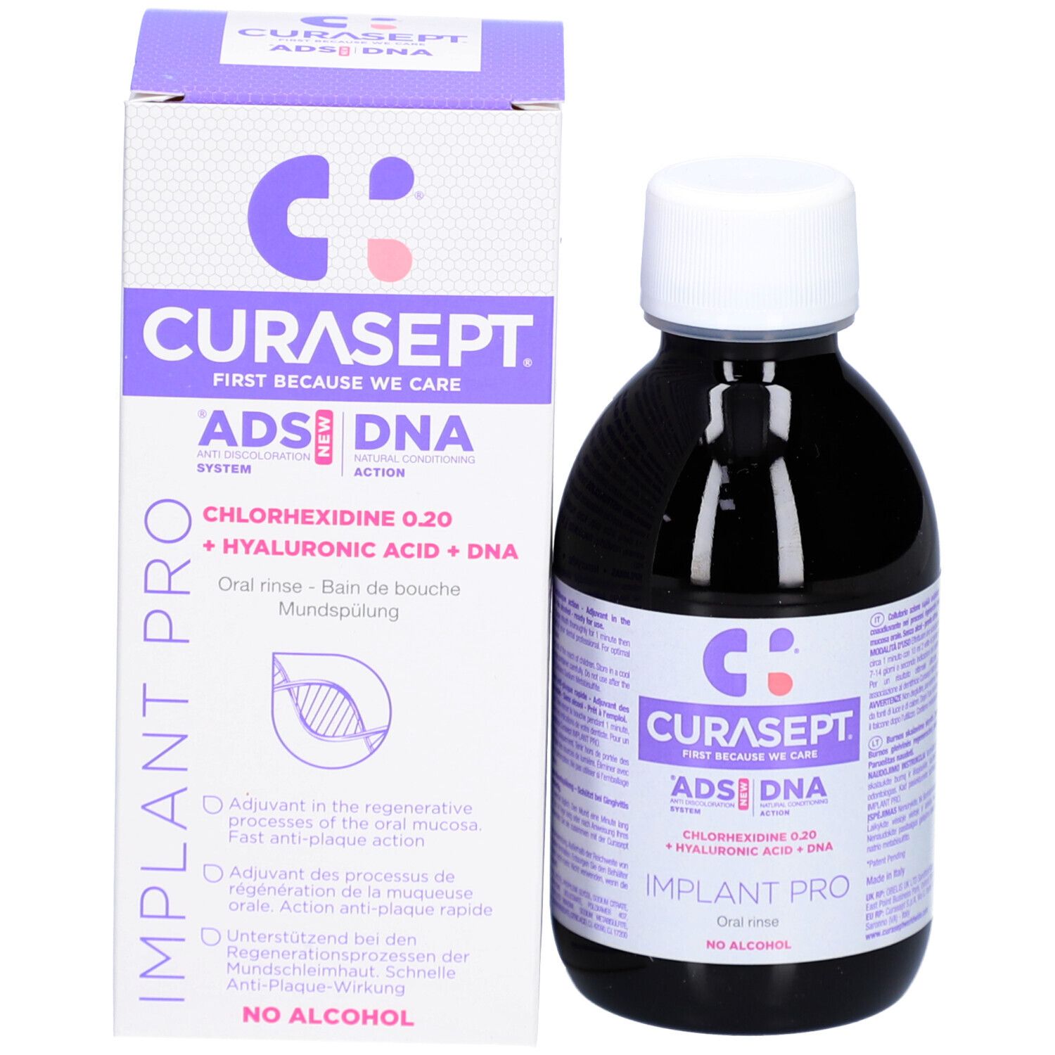 Produktverpackung und Flasche. Aufschrift: CURASEPT ADS DNA, Implant Pro. Mundspülung, alkoholfrei.