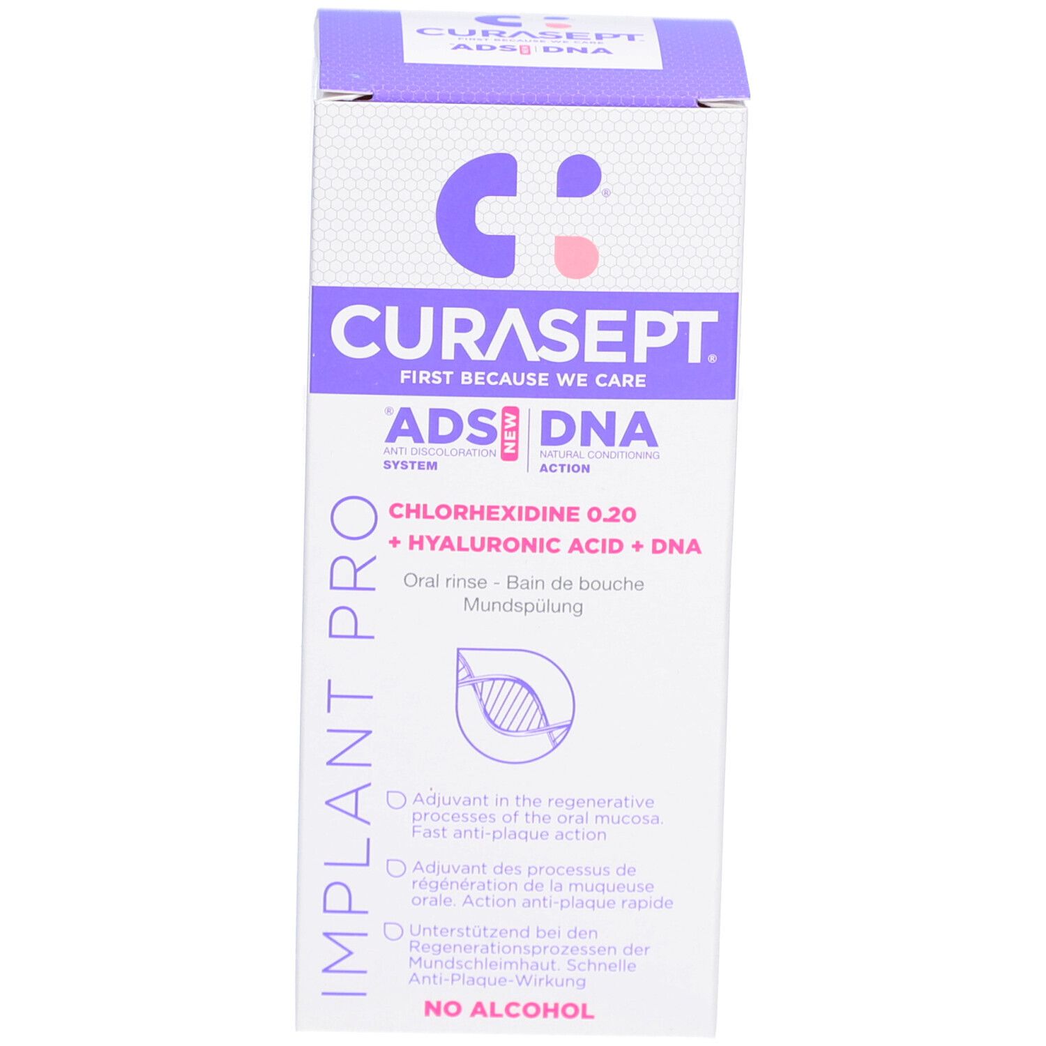 Produktverpackung. Aufschrift: CURASEPT ADS DNA, Implant Pro. Mundspülung, alkoholfrei.