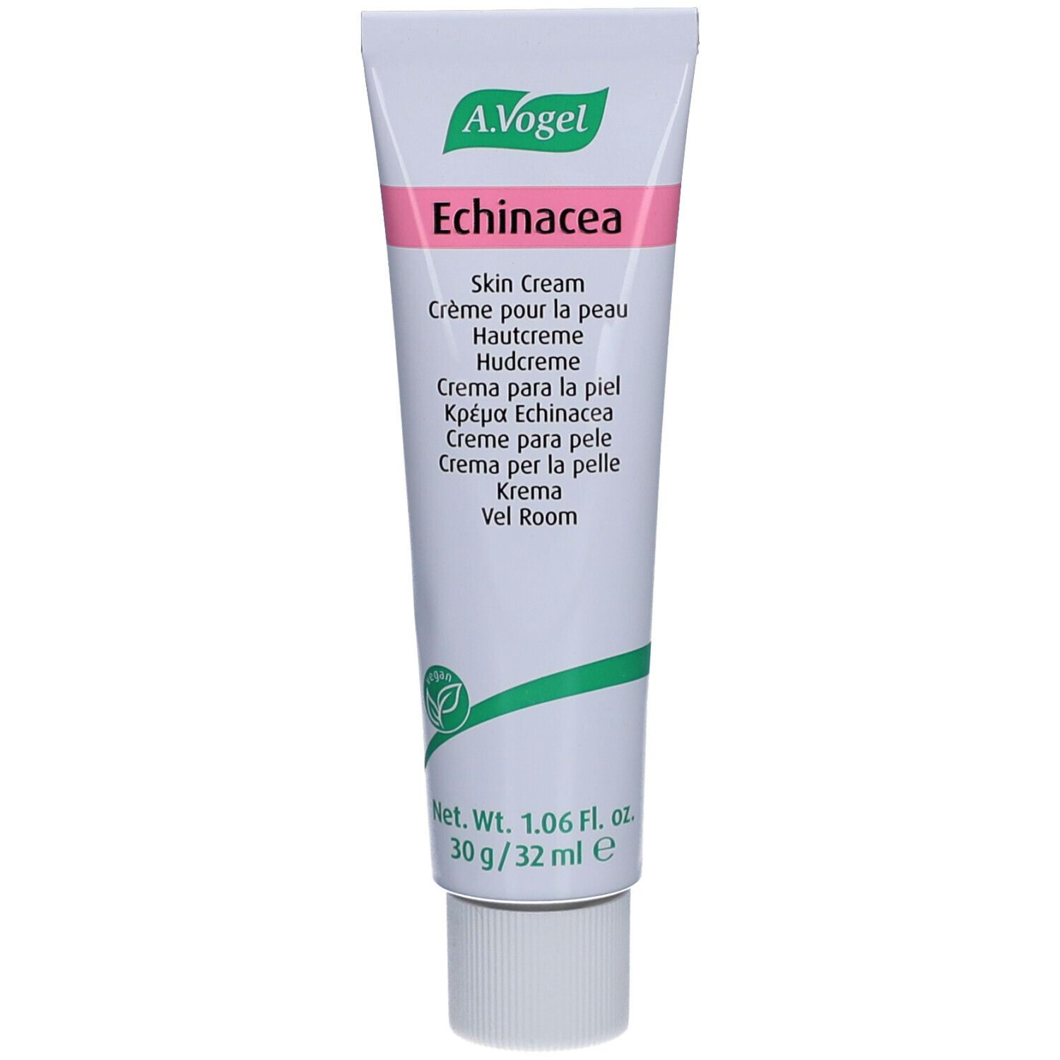 Tube de crème avec nom du produit et logo. Texte multilingue. Label végétalien.