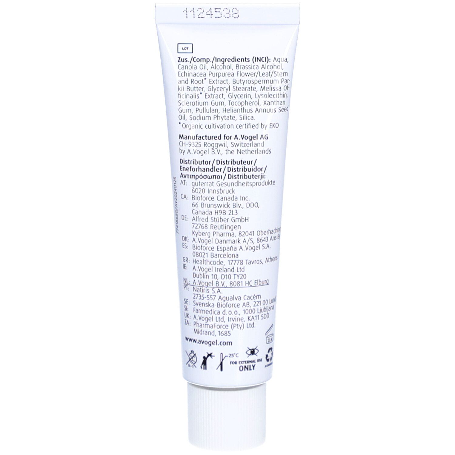 Dos du tube de crème avec ingrédients et informations fabricant. Texte multilingue.