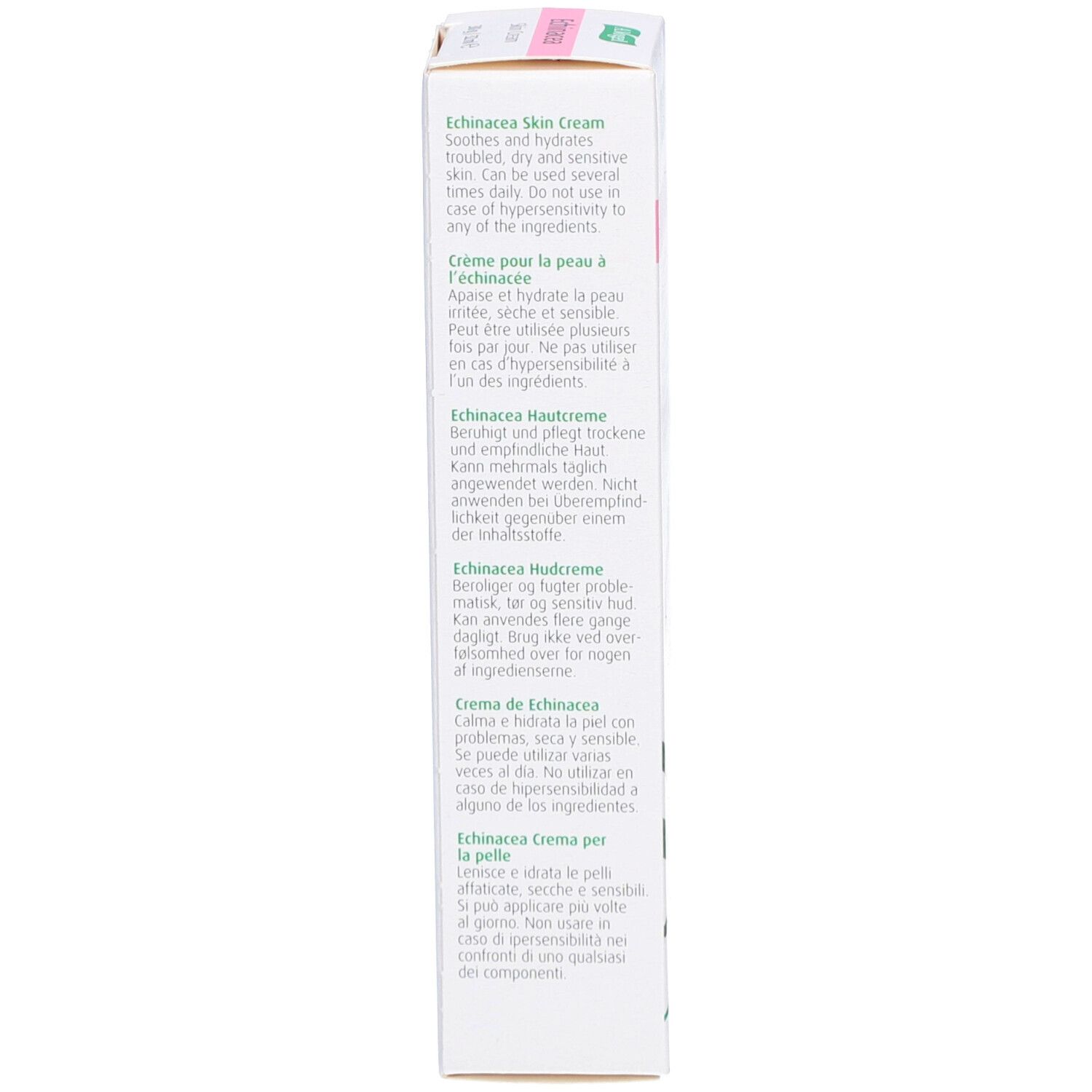 Vue latérale de l'emballage du produit avec texte multilingue. Label végétalien.
