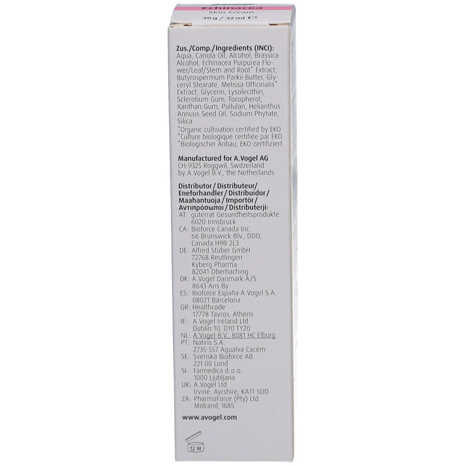 Dos de l'emballage du produit avec ingrédients et informations fabricant. Texte multilingue.