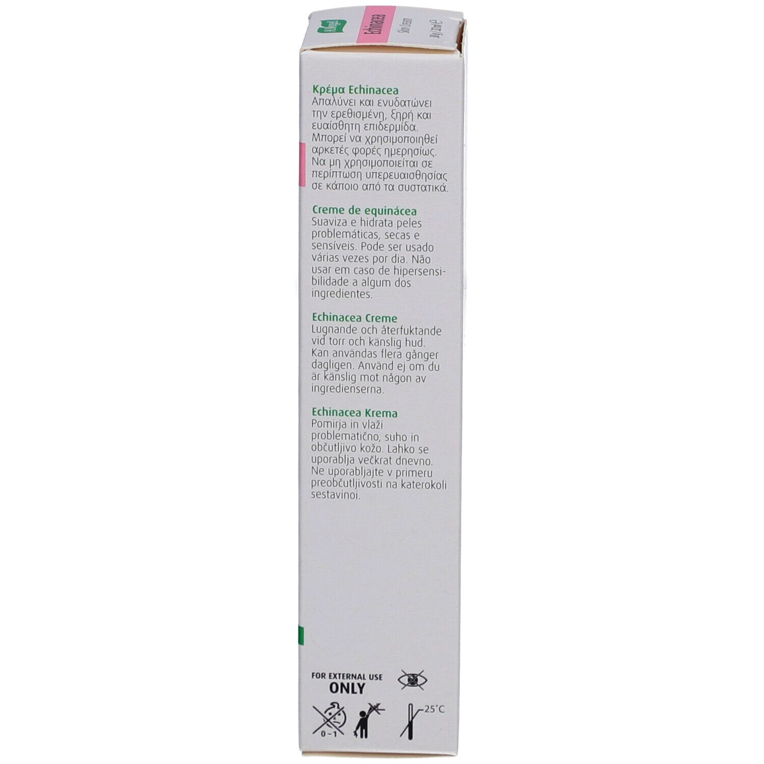 Vue latérale de l'emballage du produit avec texte multilingue. Instructions d'utilisation.