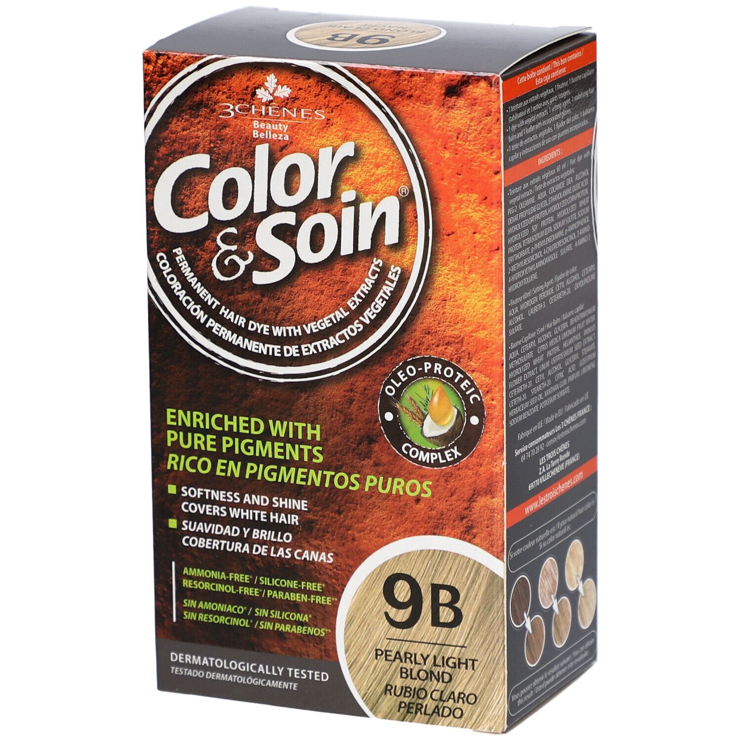 Haarfarben-Verpackung Color & Soin 9B. Aufschrift: Permanent Haarfarbe mit Pflanzenextrakten. Farbton: Pearly Light Blond.