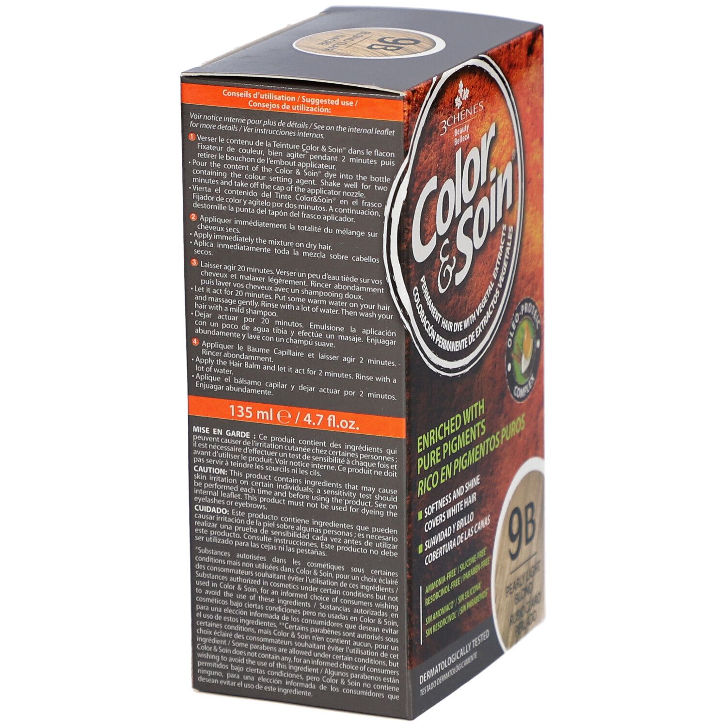 Verpackung der Haarfarbe Color & Soin 9B. Enthält Anweisungen zur Anwendung und Produktinformationen.