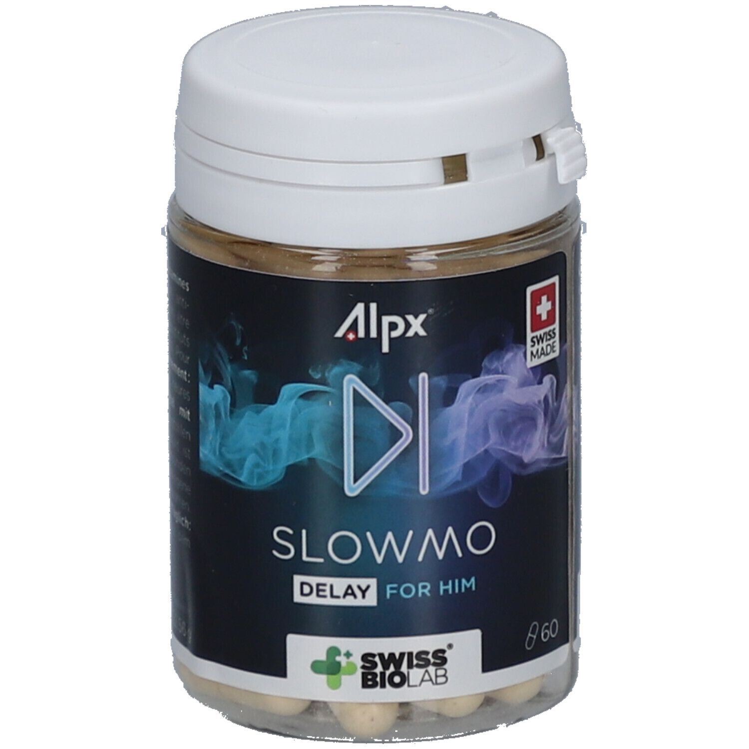 Kapseln in einer Dose. Aufschrift: Alpx, Slowmo Delay for Him. Swiss Made. Swiss Biolab Logo.