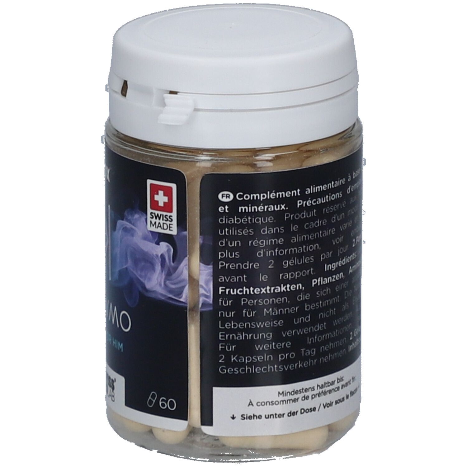 Dose mit Kapseln. Aufschrift: Alpx, Slowmo Delay for Him. Swiss Made. Swiss Biolab Logo. Text in mehreren Sprachen.