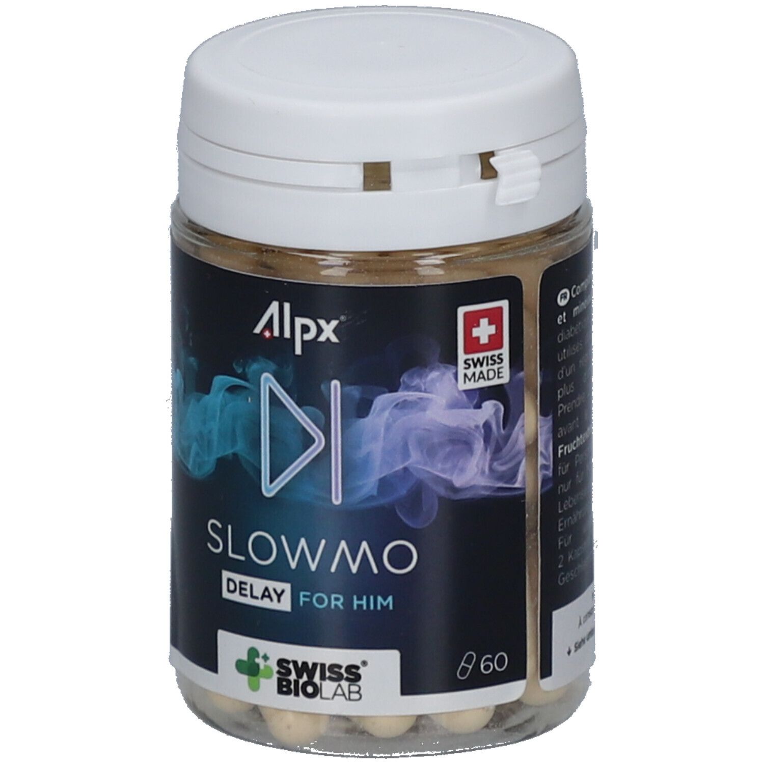 Dose mit Kapseln. Aufschrift: Alpx, Slowmo Delay for Him. Swiss Made. Swiss Biolab Logo. Text in mehreren Sprachen.