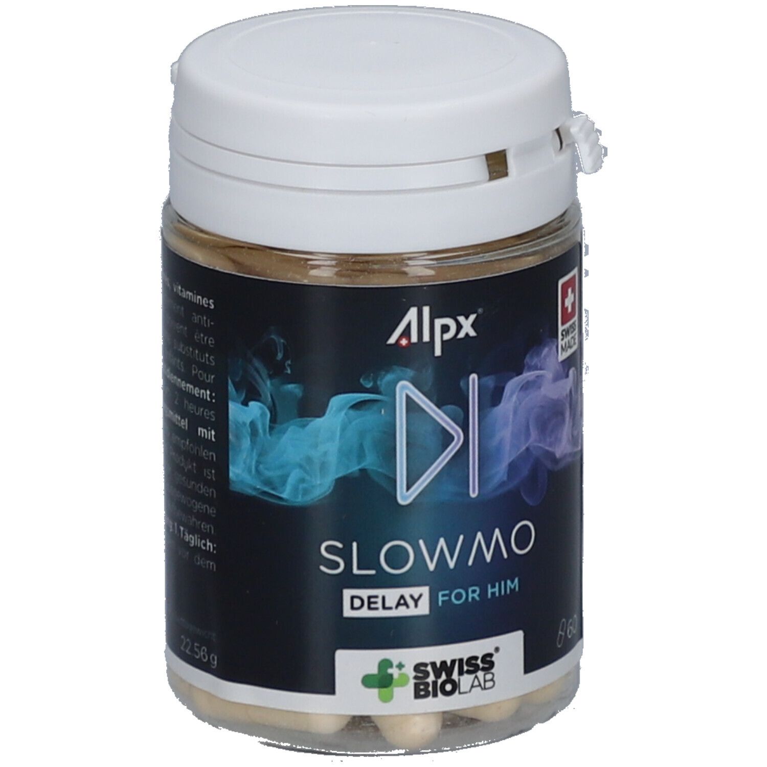 Dose mit Kapseln. Aufschrift: Alpx, Slowmo Delay for Him. Swiss Made. Swiss Biolab Logo. Text in mehreren Sprachen.