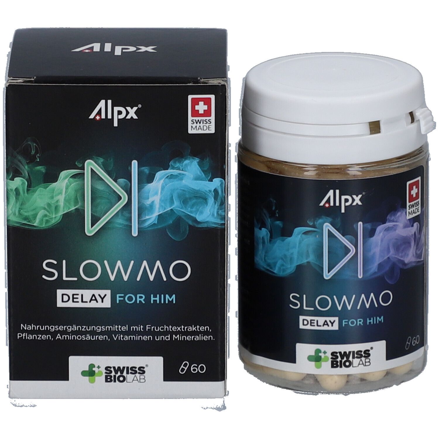 Produktverpackung und Dose mit Kapseln. Aufschrift: Alpx, Slowmo Delay for Him. Swiss Made. Swiss Biolab Logo.